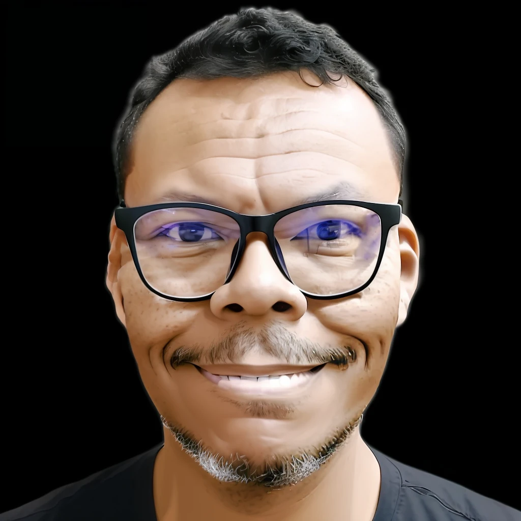 guttonerdvision5, drawing of a man with a slight smile, wearing glasses, front vision, looking at the camera, portrait, (minimalist: 1.3), vector, few colors, (black background: 1.3)