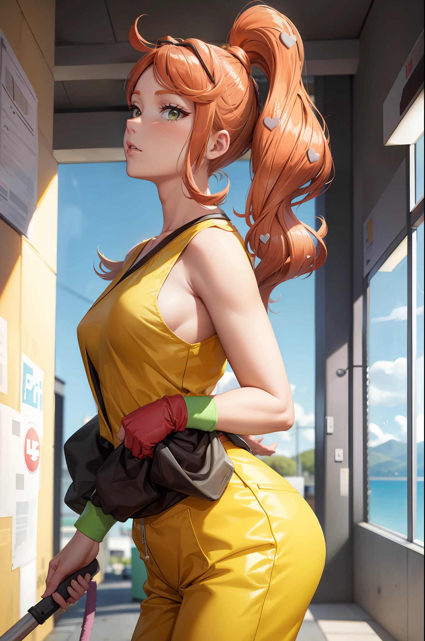sonia
side ponytail
heart hair ornament
eyewear on head, working as a janitor, pretty, tight yellow janitor jumpsuit