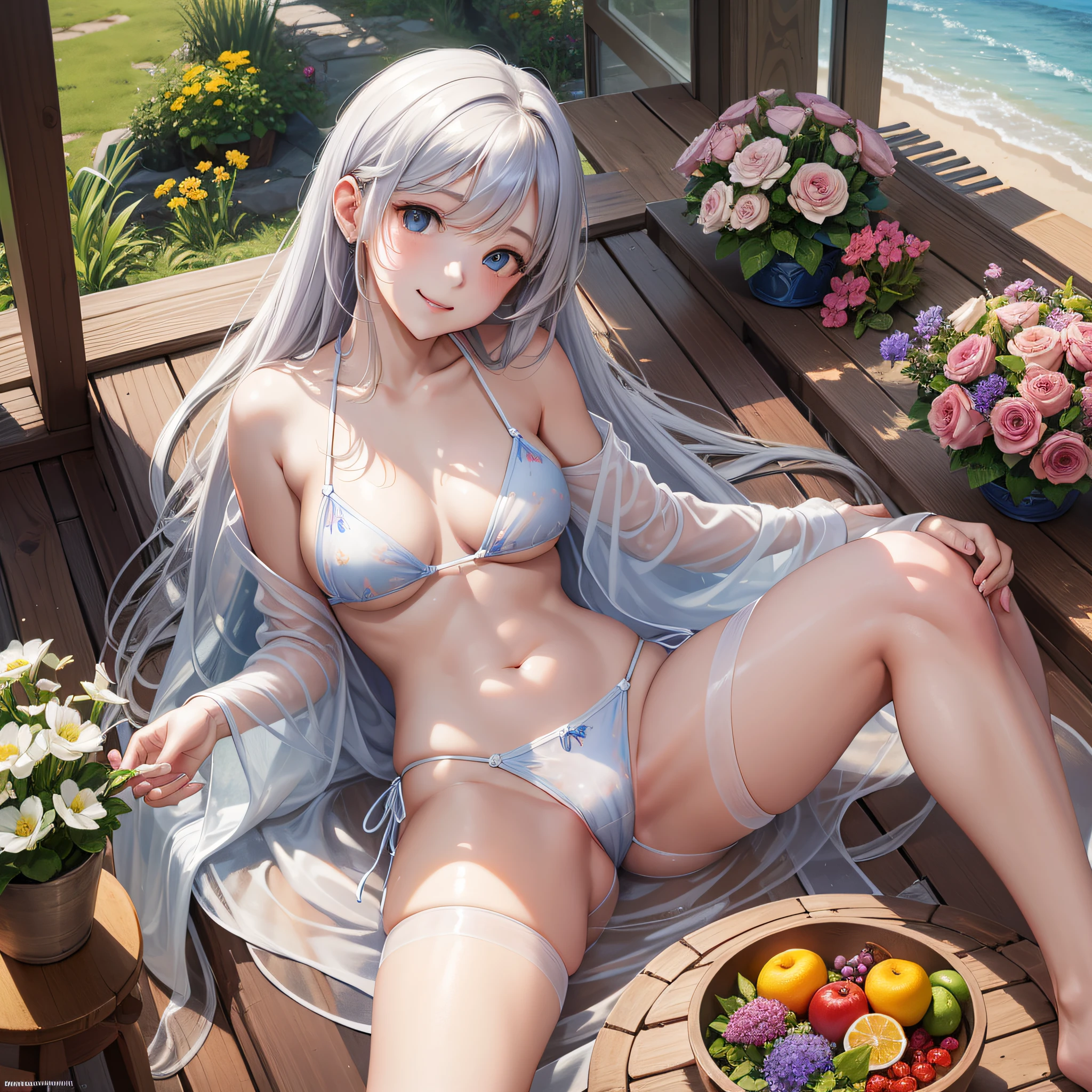 NSFW, 1girl, solo, (large breasts), erect nipple, face, cute, cheerful, reclining on the sofa,
spacious and bright balcony, wooden deck flooring, a small table near the sofa, fresh juice and fruits within reach,
(transparent and see-through white micro bikini:1.2), line,
flowing silky long hair,
(foot focus, looking down, from below:1.3), serene expression, light smile, enjoying a tranquil time,
BREAK, wind, flowers blooming in vivid colors, blue sky, radiant sun, refreshing light and warmth, sun-kissed shine, breathtaking view,
high-resolution, ultra-detailed, absurdres, best quality, anime coloring,