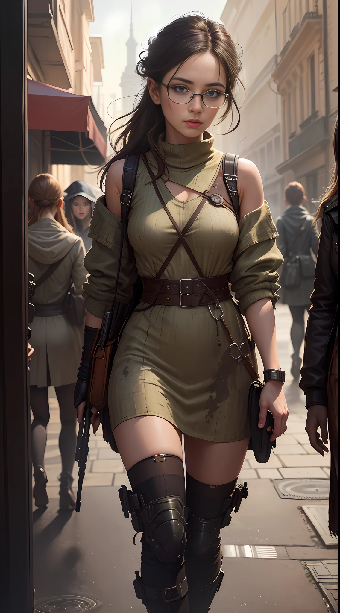 (((6 Girls))) (genetic artwork), realistic epic, hyperrealistic style. with bright blue eyes.walking down a city street in a yellow dress, Jeremy Mann style, James Gurney painting style, fully clothed. sexy painting, jeremy mann art, by Marek Okon, Leonid Afremov painting, wadim kashin. ultra-realistic, by Carlos Berlanga, influenced by Jeremy Mann, elegant Clean Lines. Military camouflage sexy clothing. (((6 Girls))). Glasses reflecting light, art by greg rutkowski and artgerm, soft cinematic light, adobe lightroom, photolab, hdr, intricate, highly detailed, (depth of field:1.4), (natural skin texture, hyperrealism, soft light, sharp:1.2), (dark photo:1.22), neutral colors, (hdr:1.4), (muted colors:1.4), (intricate), (artstation:1.2), hyperdetailed, dramatic, intricate details, (technicolor:0.9), (rutkowski:0.8), cinematic, detailed, (intricate details:1.12), HDR, (intricate details, hyperdetailed:1.15)