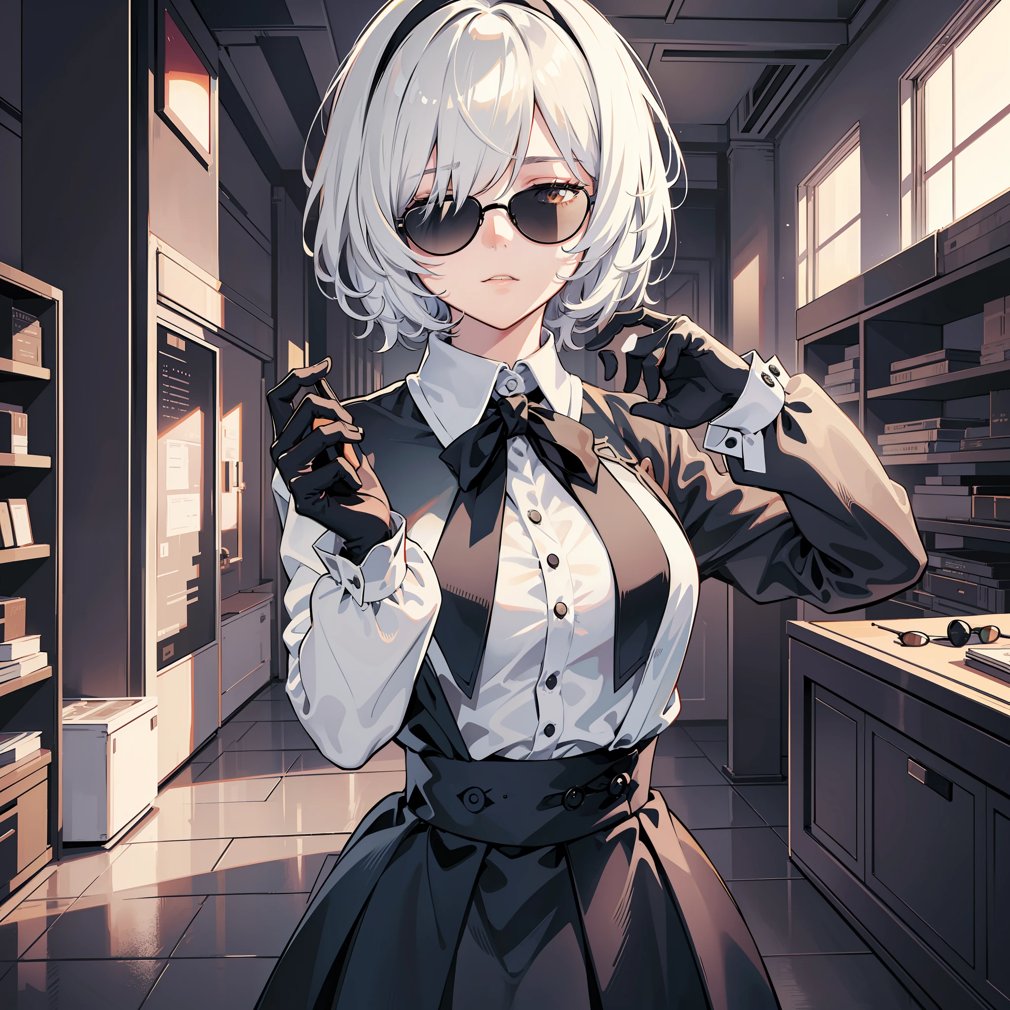 masterpiece, best quality, solo, (yorha no. 2 type b:1.14), (upper body:1.1), medium breasts, expressionless, 1girl, solo, (ruffling hair, messy hair:1.1), short hair, white hair, bottom inside the room, best quality, ultra detailed, 1girl, solo, standing, medium hair, fringes, white shirt, tie, skirt, legwear, black gloves, round black glasses, sunglasses, all-black glasses, hiding his eyes, does not show his eyes, round glasses, óculos esférico