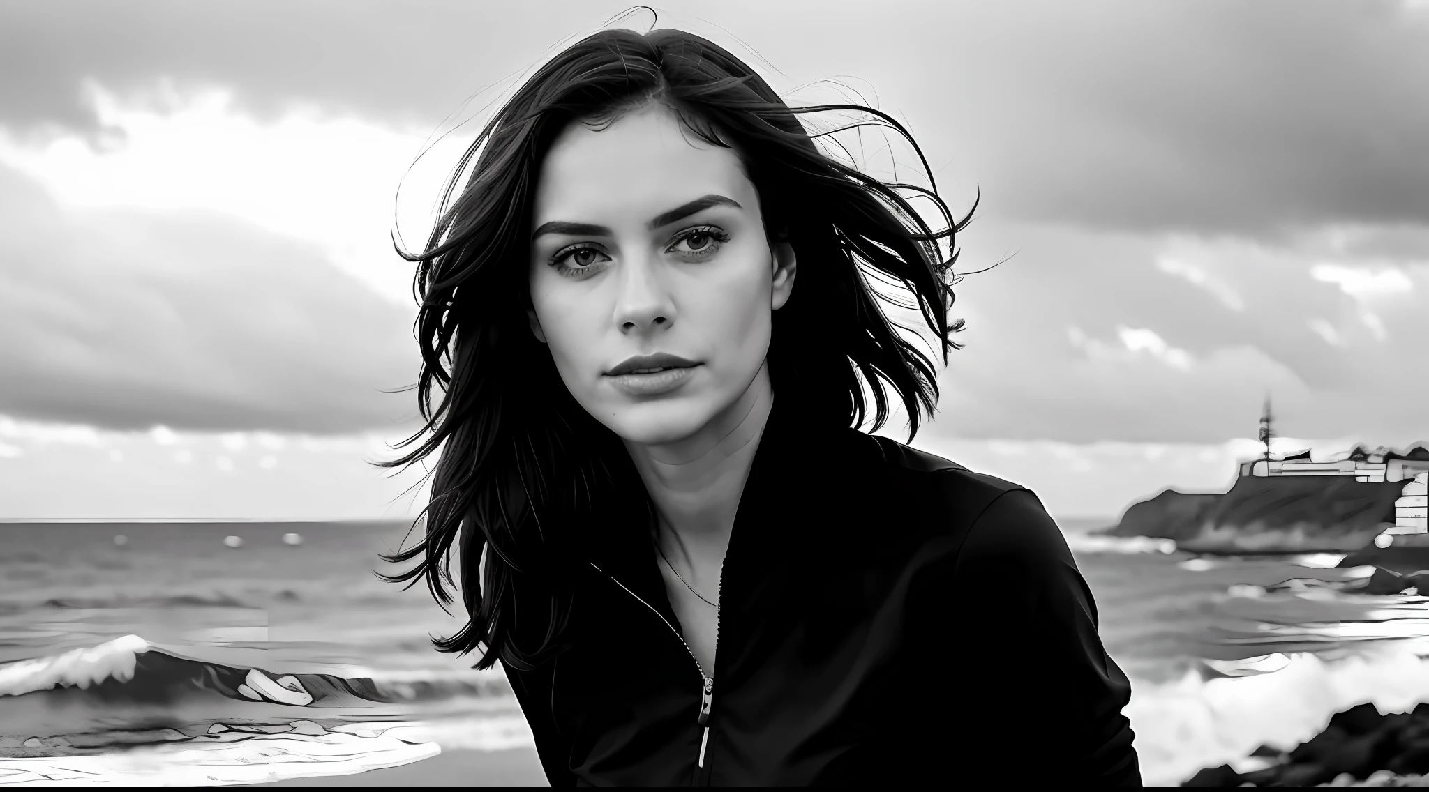 black and white photo of a woman 25 years, dj, in black clothes, medium hair black, face, half body, body, highly detailed skin, coastline, cloudy weather, wind, waves, 8k uhd, Dslr, soft lighting, high quality, film grain, Fujifilm XT3