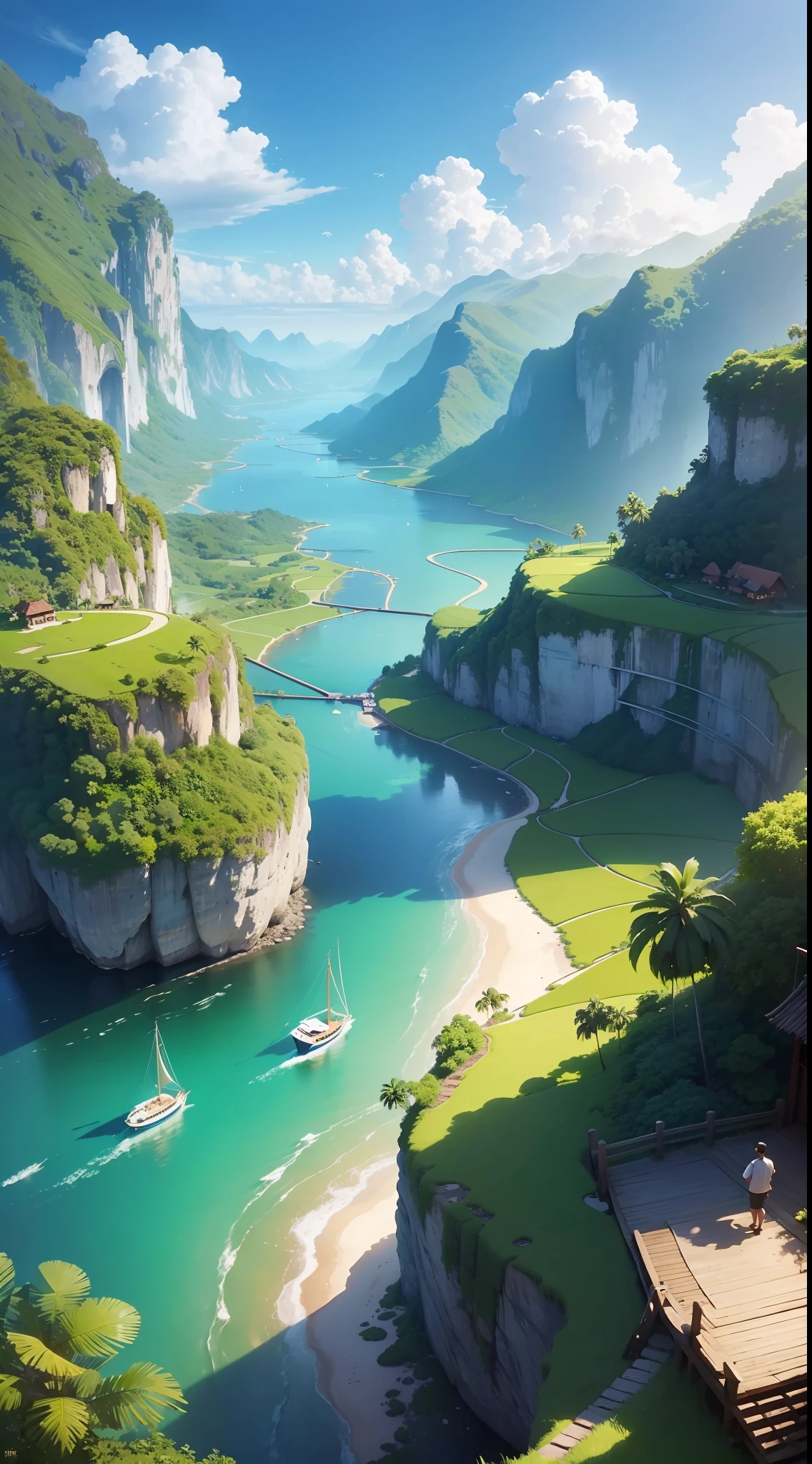 Rice fields, crystalclear river, coconut trees, blue sky and cloud, visible sea and sailing ships in the distance, beautiful scenery, ((masterpiece,best quality)), 8k wallpaper, unity, artstation