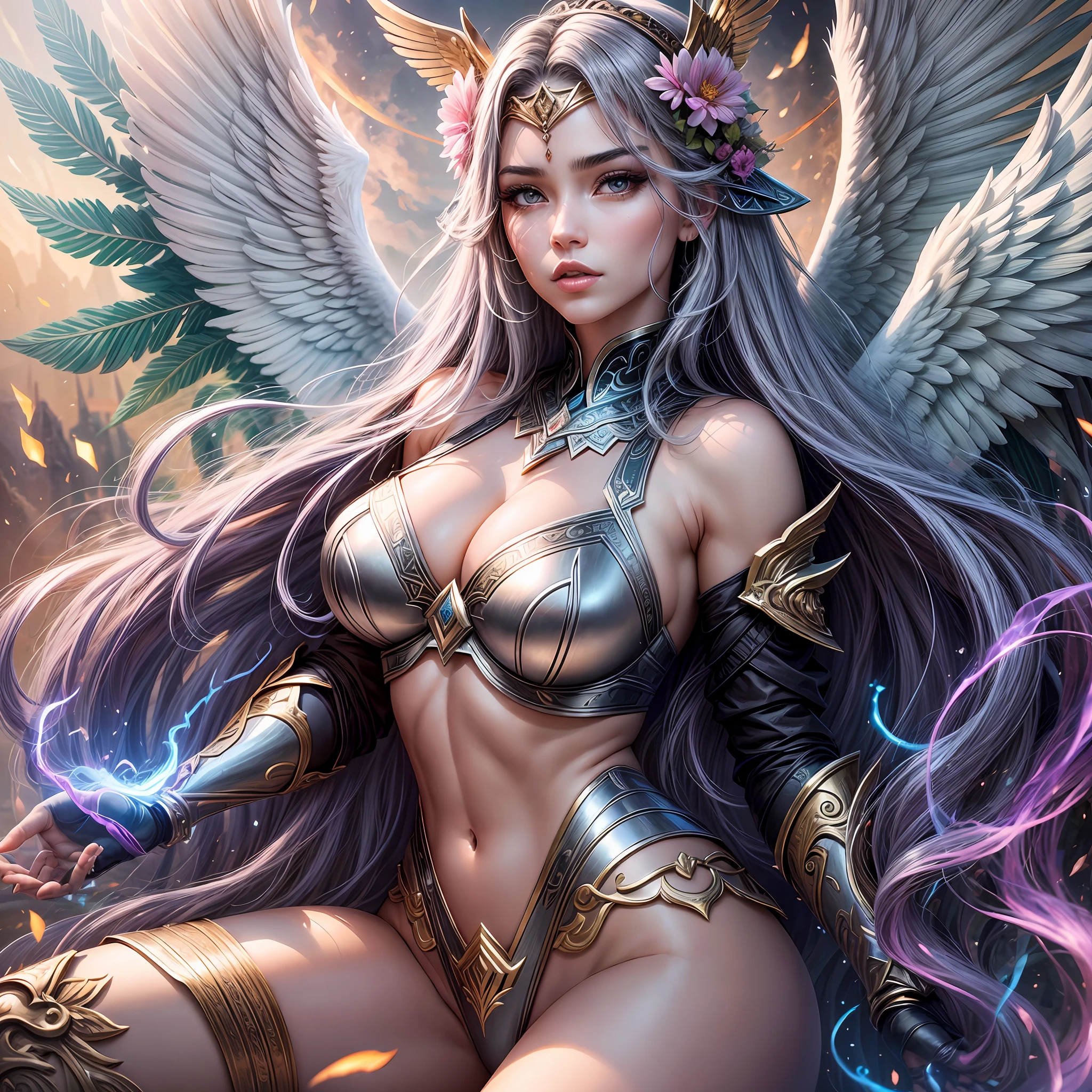 Enter a world where warrior angel women exude sensuality and divine power, personifying aesthetic perfection and impressive elemental abilities. With voluptuous bodies, attractive curves and striking features, they stand out as symbols of desire and strength. Each of these warrior angels possesses dominion over a specific element—earth, water, fire, or air—channeling them into their fight against threats to their sacred lands. With their splendid wings and dazzling armor, they seduce by both appearance and power. Explore the intersection between sensuality and the ability to control the natural elements as these warrior angel women face epic challenges and reveal their emotional and moral complexity. Digital painting with flowing brushstrokes and vibrant colors to highlight the beauty and strength of warrior angel women, share on social media with hashtags: #AnjosGuerreiras #PoderSensual --ar 16:9 --v 5 --auto --s2