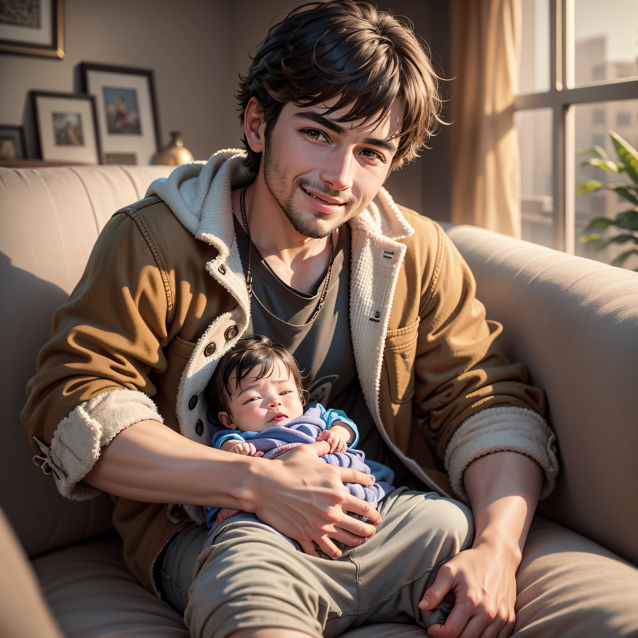 Realistic male sitting on sofa, brown eyes, western, realistic texture hyper realistic perfect lighting, studio light, award-winning photo, nikon photo RAW, 8k, Fujifilm XT3, masterpiece, best quality, realistic, photorealistic, ultra detailed, extremely detailed face, solo, 1baby, smiling, playing with a colorful die --auto --s2