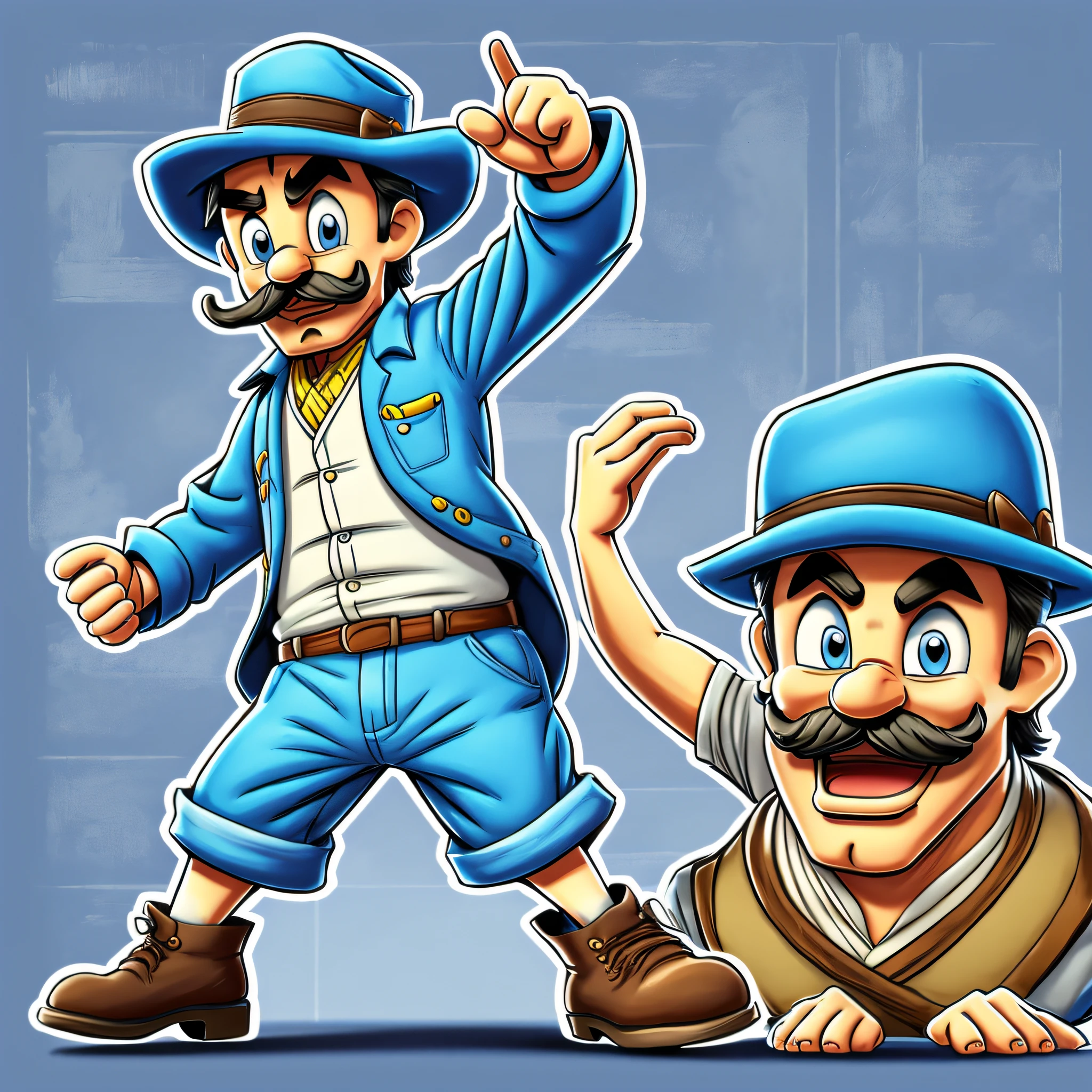cartoon character of a man with a mustache and a blue hat, don ramon, 2 d cartoon, 2d cartoon, character posing, cartoon image, cartoon character, comic character, goofy cartoon, adult character, animation character, harry volk clip art style, outlined!!!, full body mascot, merged character, character is standing, t pose, cartoonish vector style