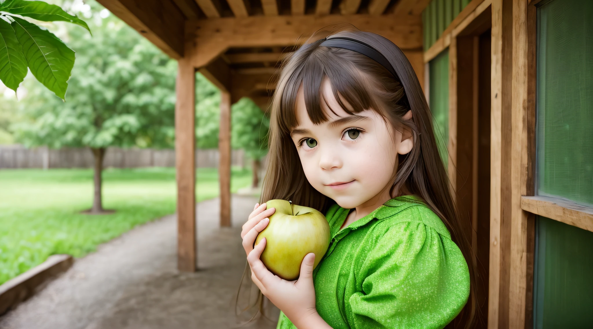 CHILD girl holding two green apples in front of her face, holding an apple, eating fruits a safe apple in hand, green apples, green slime, promo still,, 3 4 5 3 1, photoshoot --auto --s2