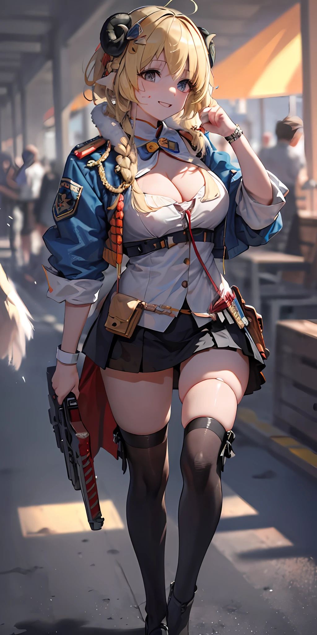 masterpiece, best quality, absurd, perfect anatomy, Tsunomaki Watame, sheep, sheep ears, long hair, blood, cleavage,masterpiece,highres, highest quality,intricate detail,best texture,realistic,8k,soft light,perfect shadow, 
outdoor,sunny,airport,Fighter aircraft,fighter fleet,warehouse,
dajie,1girl,short hair,airforceUniform,airforce helmets,famous watch, cigar,sunglasses,thumb up,pistol on the waist,walking,