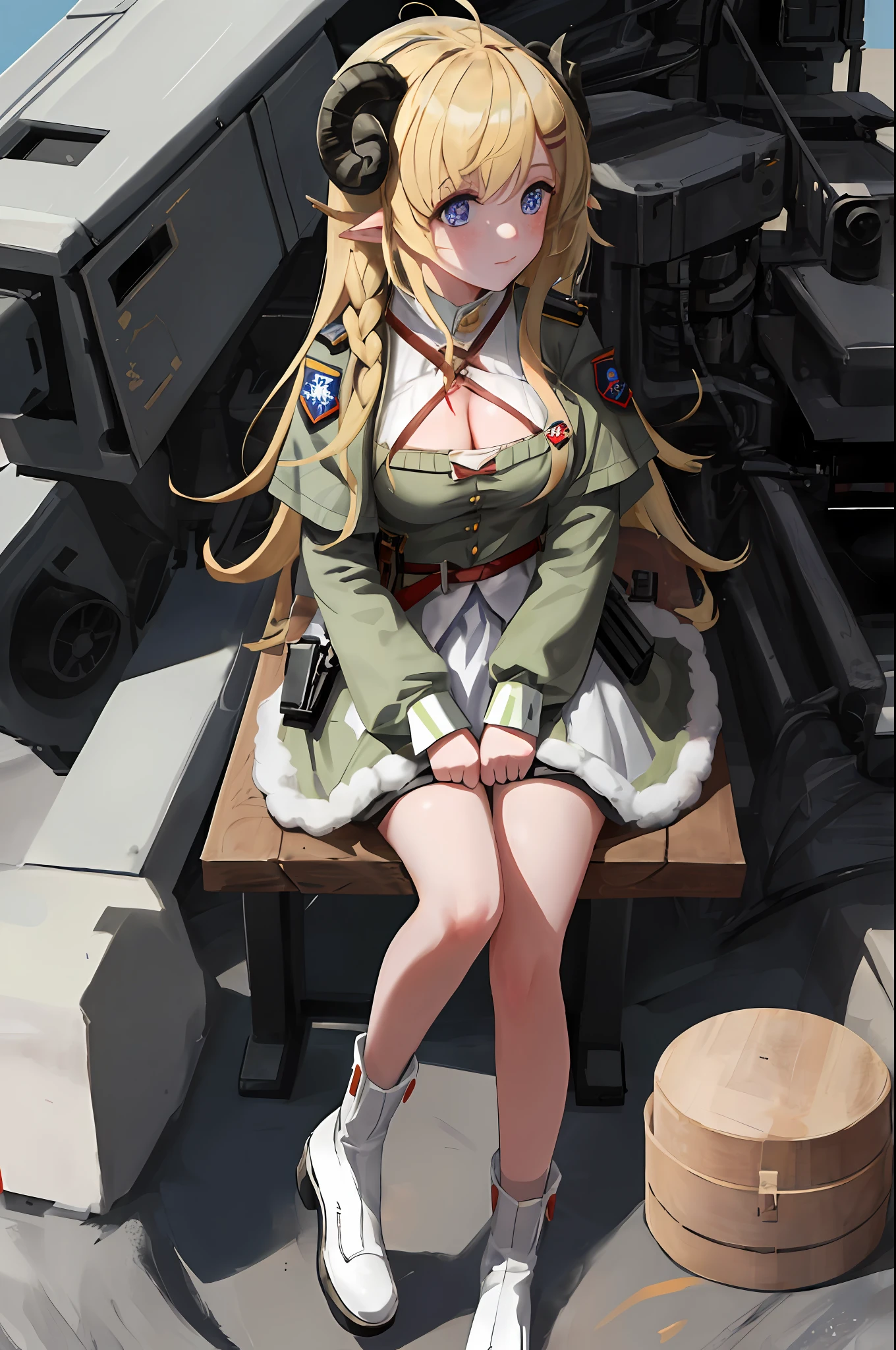 masterpiece, best quality, absurd, perfect anatomy, Tsunomaki Watame, sheep, sheep ears, long hair, blood, cleavage,Highest quality, (dramatic lighting:0.7), masterpiece, high angle shot, RAW photo of (pale 21 year old woman wearing military pilot helmet, IHADSS, looking up at the viewer), cute, (wearing combat fatigues, skin tight), (sitting in the pilot seat of US attack helicopter), portrait, perfect face, alluring eyes, vivid detail, (highly detailed skin), freckles, sfw, (blue tint:0.6), (dirty:0.8), (bloody:0.7), key lighting, (backlighting:0.5), medium depth of field, photographed on a Leica SL (Typ 601) Mirrorless Digital Camera, 50mm lens, F/4 aperture, (hyperdetailed, intricate details), sharp focus, muted colors, 8k, absurdres, 8mm film grain, war photography