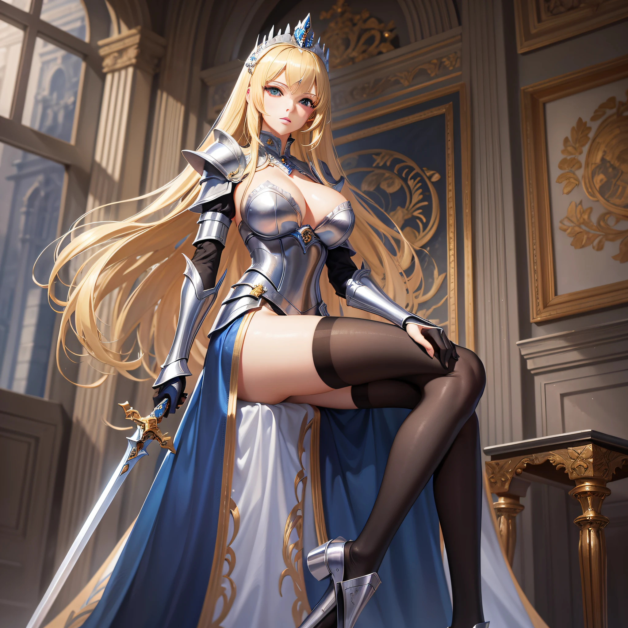 beauty princess royalty luxury blonde long legs black stockings silver armor two-handed giant sword blue dress high quality realistic photos