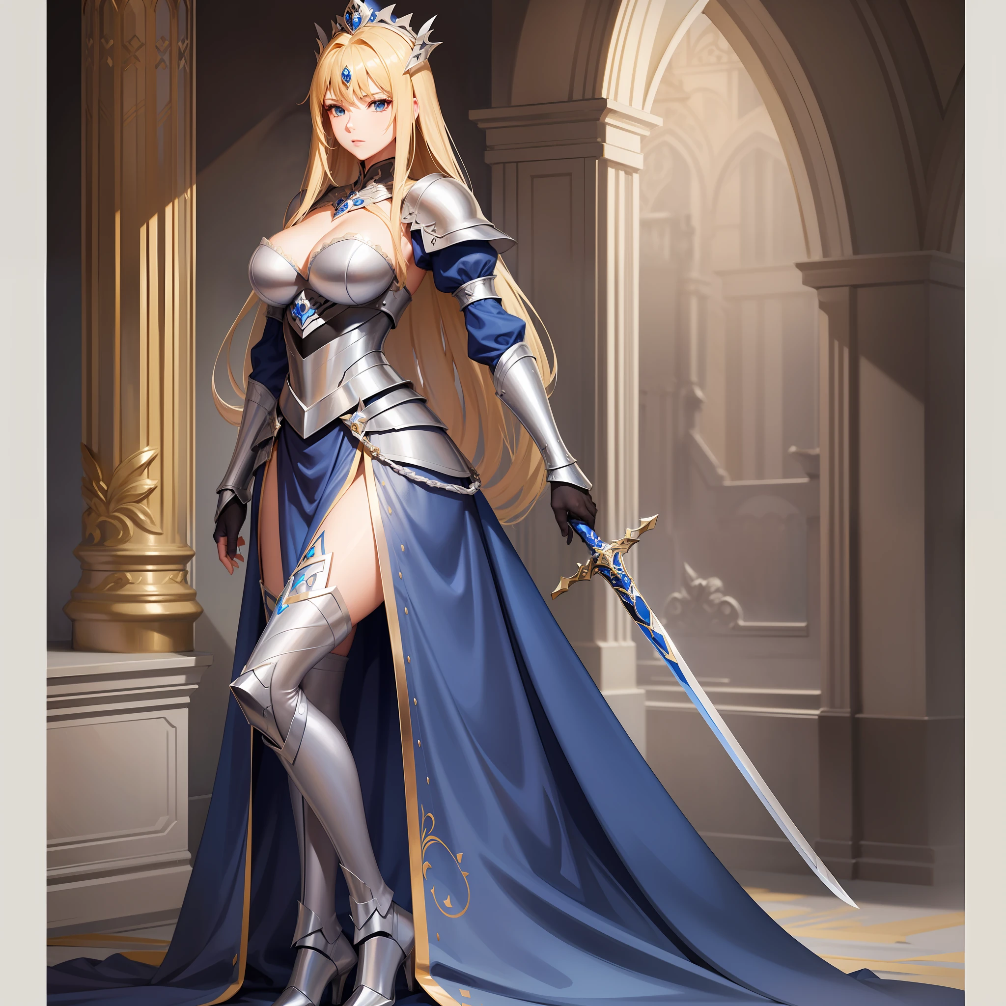 beauty princess royalty luxury blonde long legs black stockings silver armor two-handed giant sword blue dress high quality realistic photos