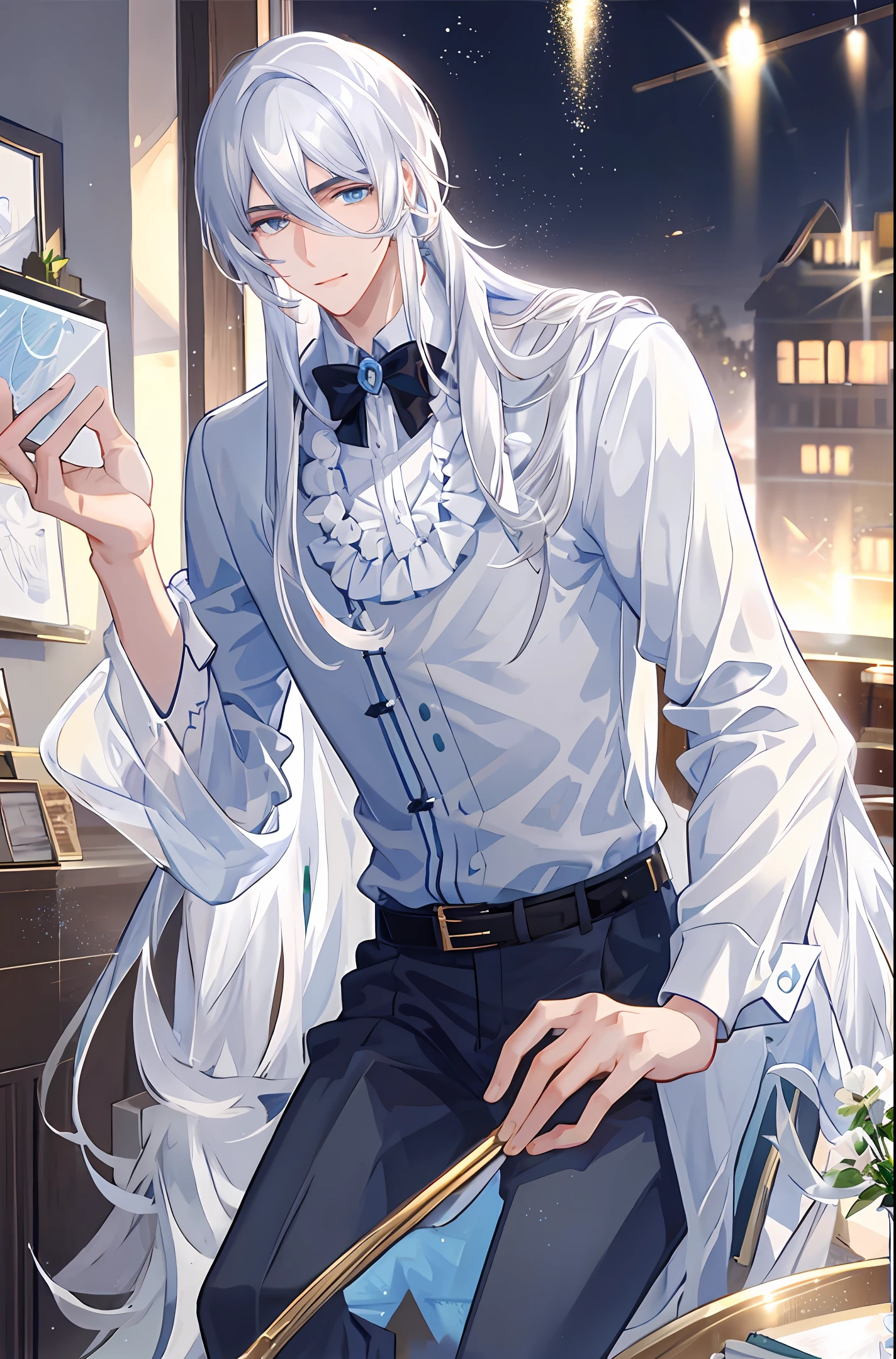Young man, handsome face, professional singer, anime, melancholy eyes, white hair,