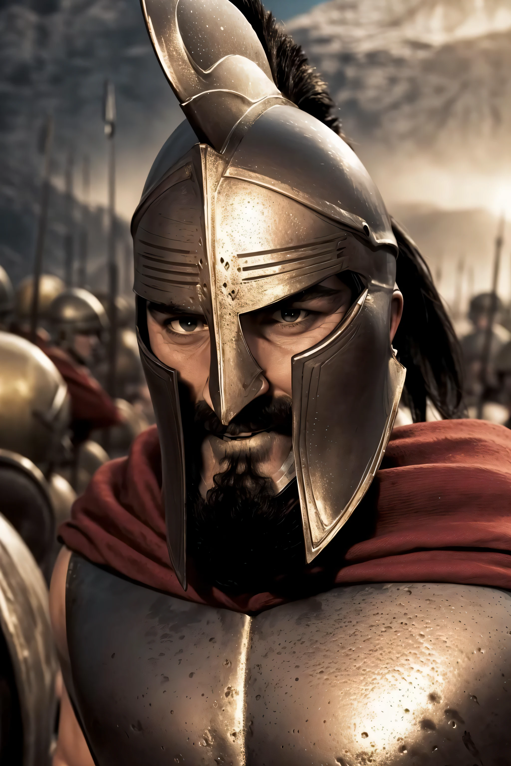 orange_sky, outdoors,ocean,cloud, cloudy_sky, desert, flock, horizon, mountain,sunset, water, Standing at attention, stand on beach,
standing in front of 300 of men in armor are walking,(Upper_body:1.3),
red cape,armor,shoulder armor, armored boots, armored dress,
in a (helmet:1.7),holding a shield,
beard,wrinkled_skin,
1 Man, 36yo, looking at viewer,(closed mouth:1.0),in the center of the image,
official art,extremely detailed CG unity 8k wallpaper, perfect lighting,Colorful, Bright_Front_face_Lighting,
(masterpiece:1.0),(best_quality:1.0), ultra high res,4K,ultra-detailed,
photography, 8K, HDR, highres, absurdres:1.2, Kodak portra 400, film grain, blurry background, bokeh:1.2, lens flare, (vibrant_color:1.2)