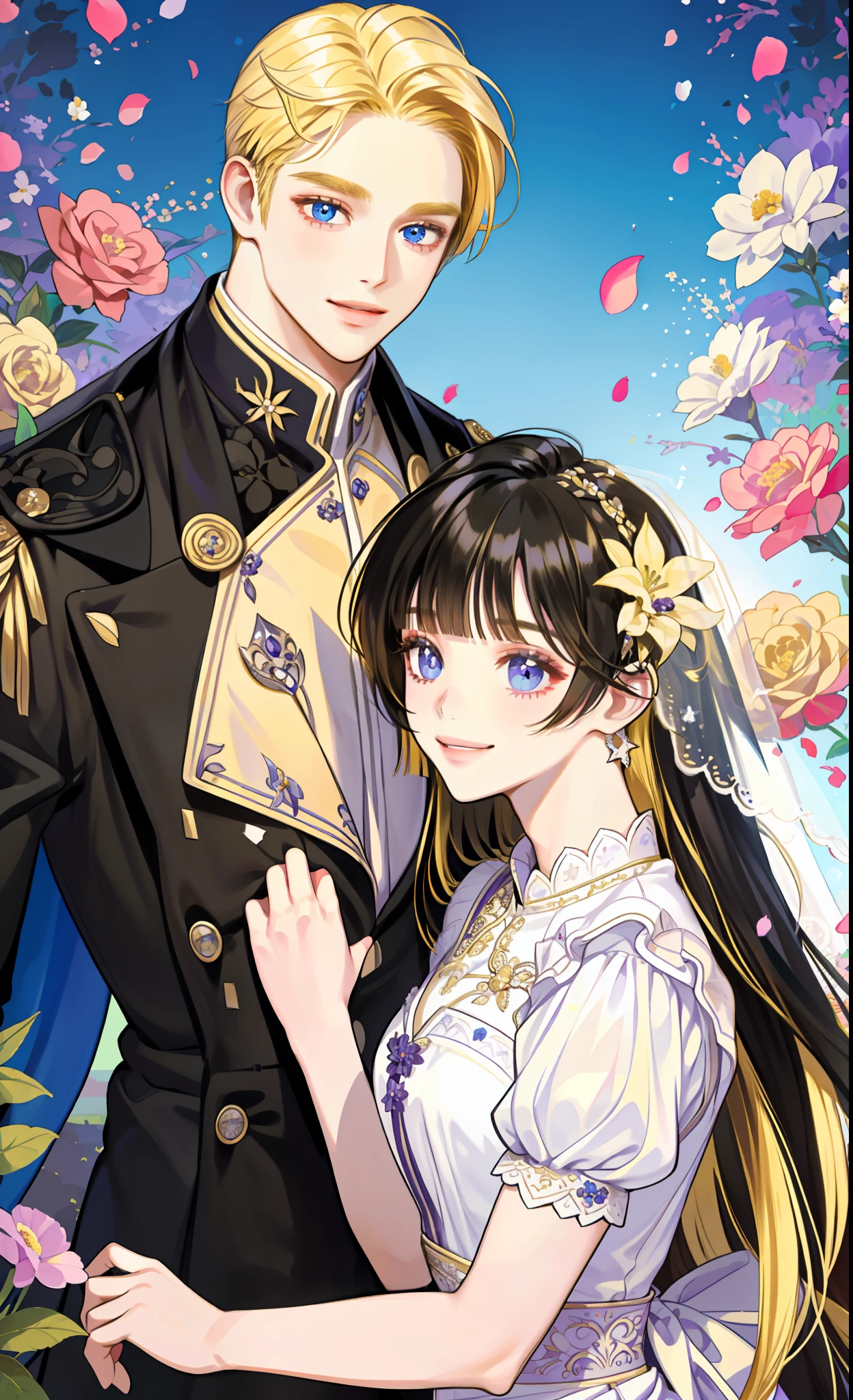 masterpiece, best quality, 2others, couple, 1man with 1woman, Height difference, happy, love, smile, flower-filled landscape, forehead, ((blonde hair man)), (((black hair girl))), ((blunt bangs girl)), purple eyes girl, blue eyes man, ((wedding couple))