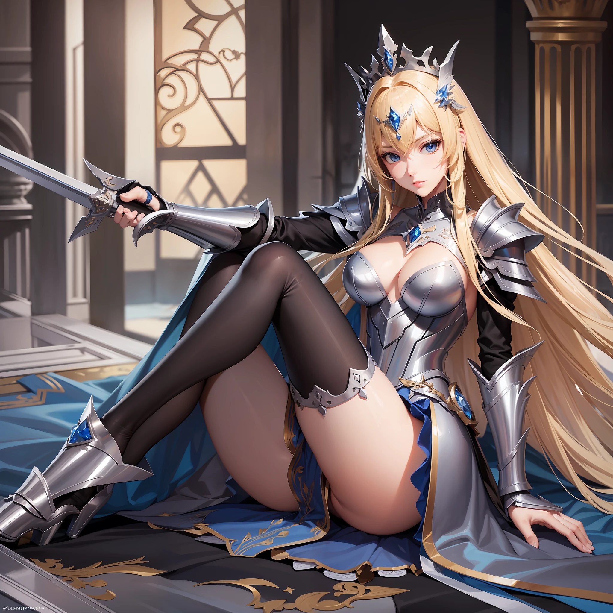 beauty princess royalty luxury blonde long legs black stockings silver armor two-handed giant sword blue dress high quality realistic photos