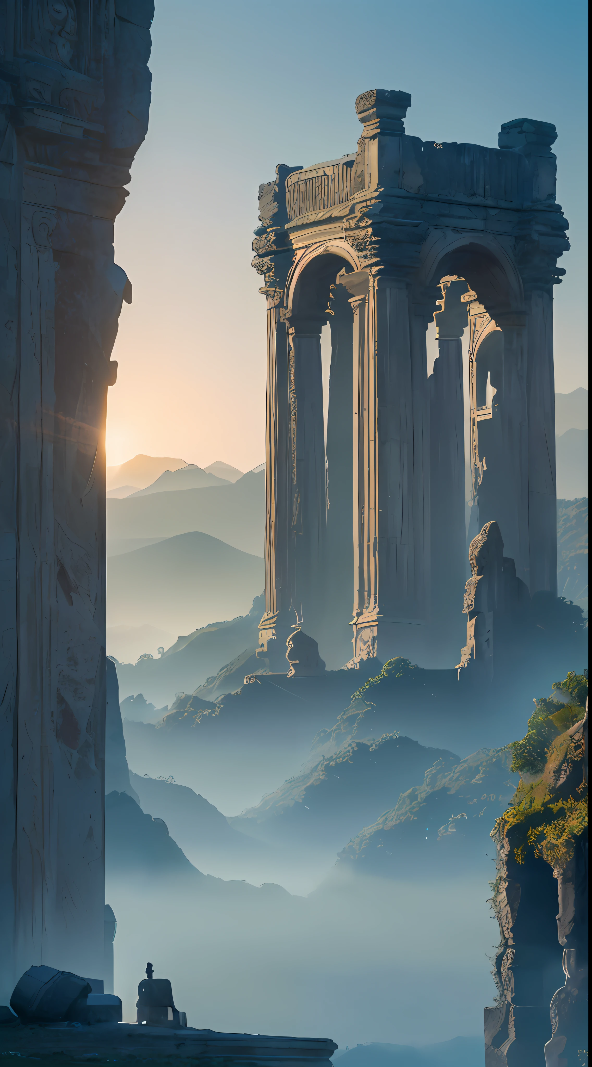 (Surreal Grandeur, Long-Standing Ruins, History Forgotten by Time, Mysterious Light, Mysterious Energy Flow, Busts and Sculptures in Twilight, Trembling Details, Transparent Surface Reflections, Distant Mountains Fading Out, Ancient, Ultra-Realistic Detailing)