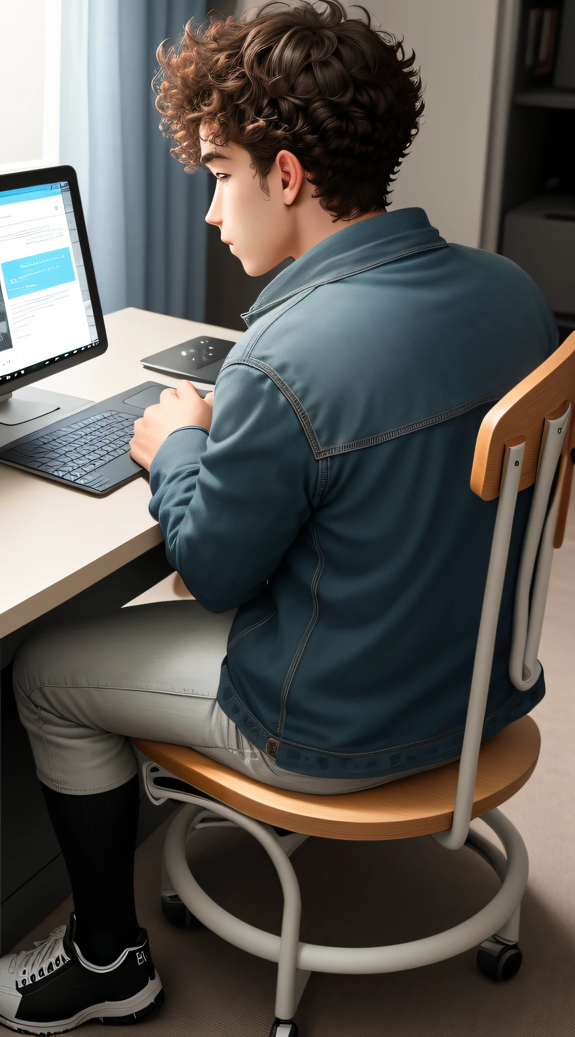 A photo of a side back distant from side to side on the side of a curly-haired teenage boy with a cell phone in his hand, looking at his cell phone and sitting in a gaming chair looking at his cell phone and computer on a table in front of him, with a coat, a gaming chair, the chair needs to be bigger than his leg. With the teenager facing forward and the image the photo on the side
