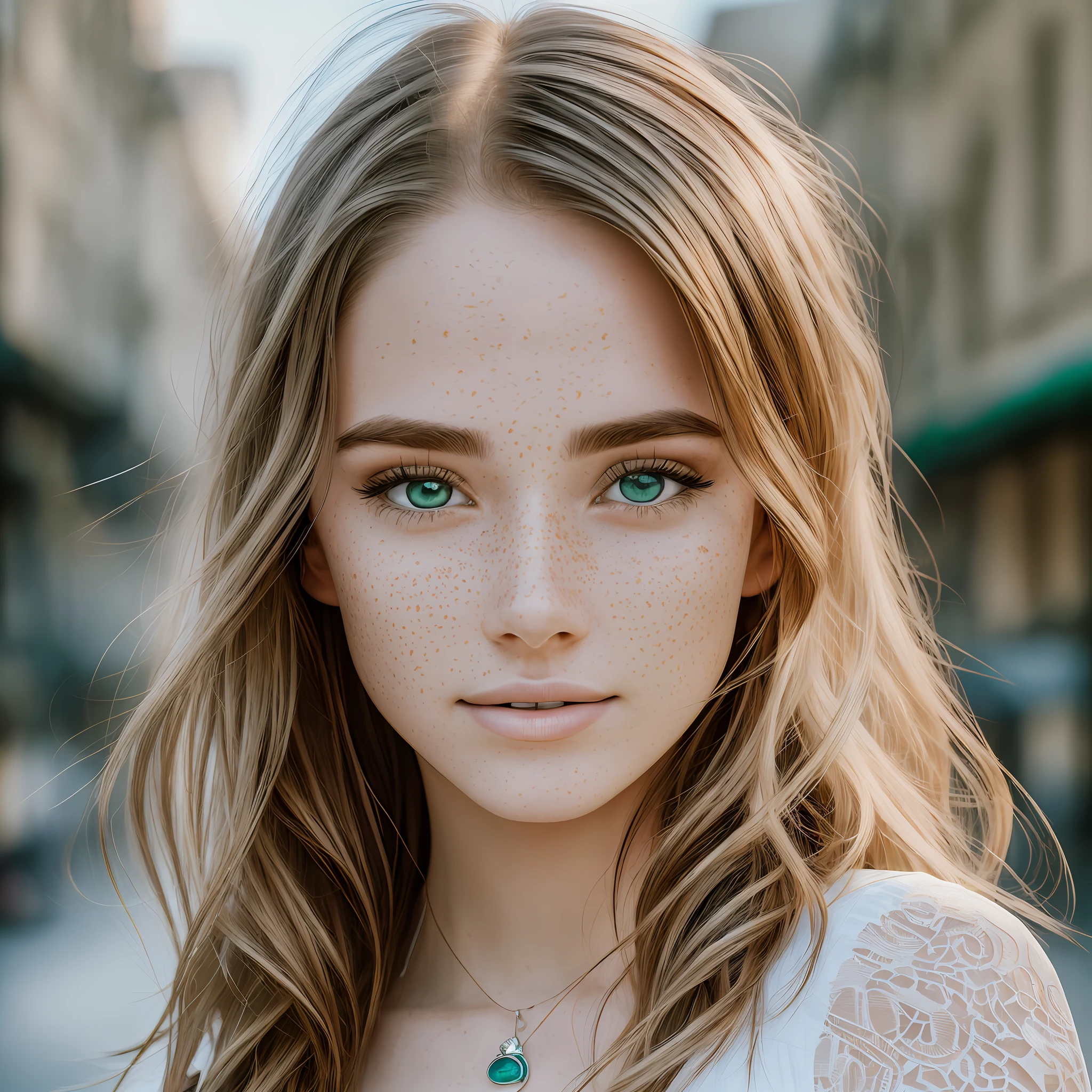 Female, white, 25 years old, freckles, (high quality skin: 1), (highly detailed facial skin: 1.1), (realistic iris: 1.1), (realistic pupils: 1.1), realistic lighting, trending on Artstation, ( charming and detailed greenish light eyes: 1.2), selfie, perfect teeth, shoulder length hair, red hair, reading head, cinematic photo --auto --s2