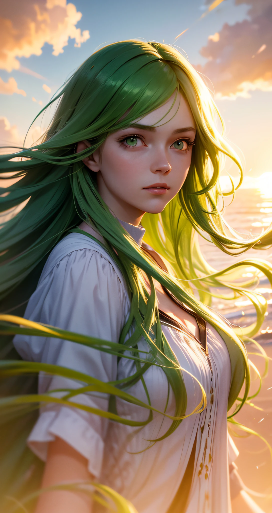"masterpiece, top quality, ultra-realistic, cinematic scene, 1 girl with long green hair, green eyes girl floating in the clouds, close-up, bright, happy, soft and warm lighting, sunset, (sparks:0.9)"