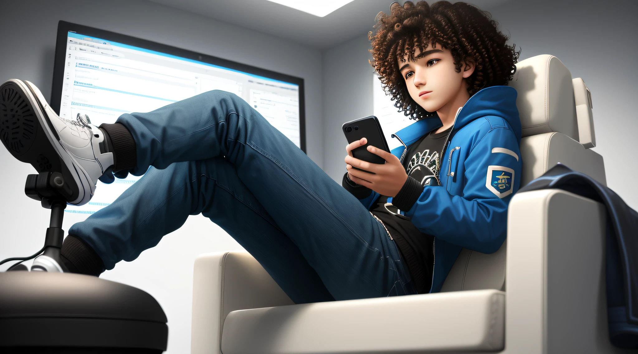 A teenage curly-haired boy with a cell phone in his hand sitting in a chair looking at his cell phone, with a blue and black coat, a gaming chair, the chair needs to be bigger than the leg
