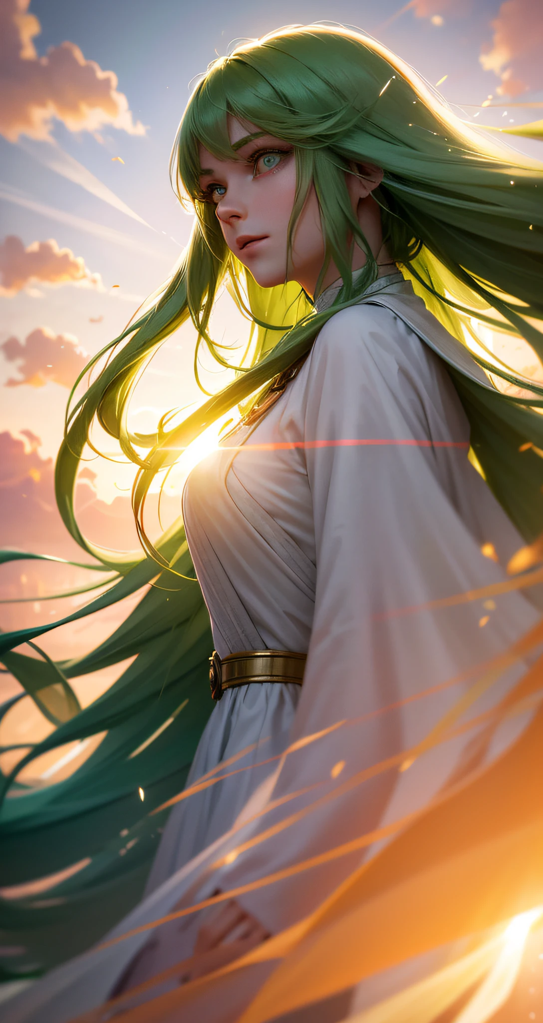 "masterpiece, top quality, ultra-realistic, cinematic scene, 1 girl with long green hair, green eyes girl floating in the clouds, close-up, bright, happy, soft and warm lighting, sunset, (sparks:0.9)"