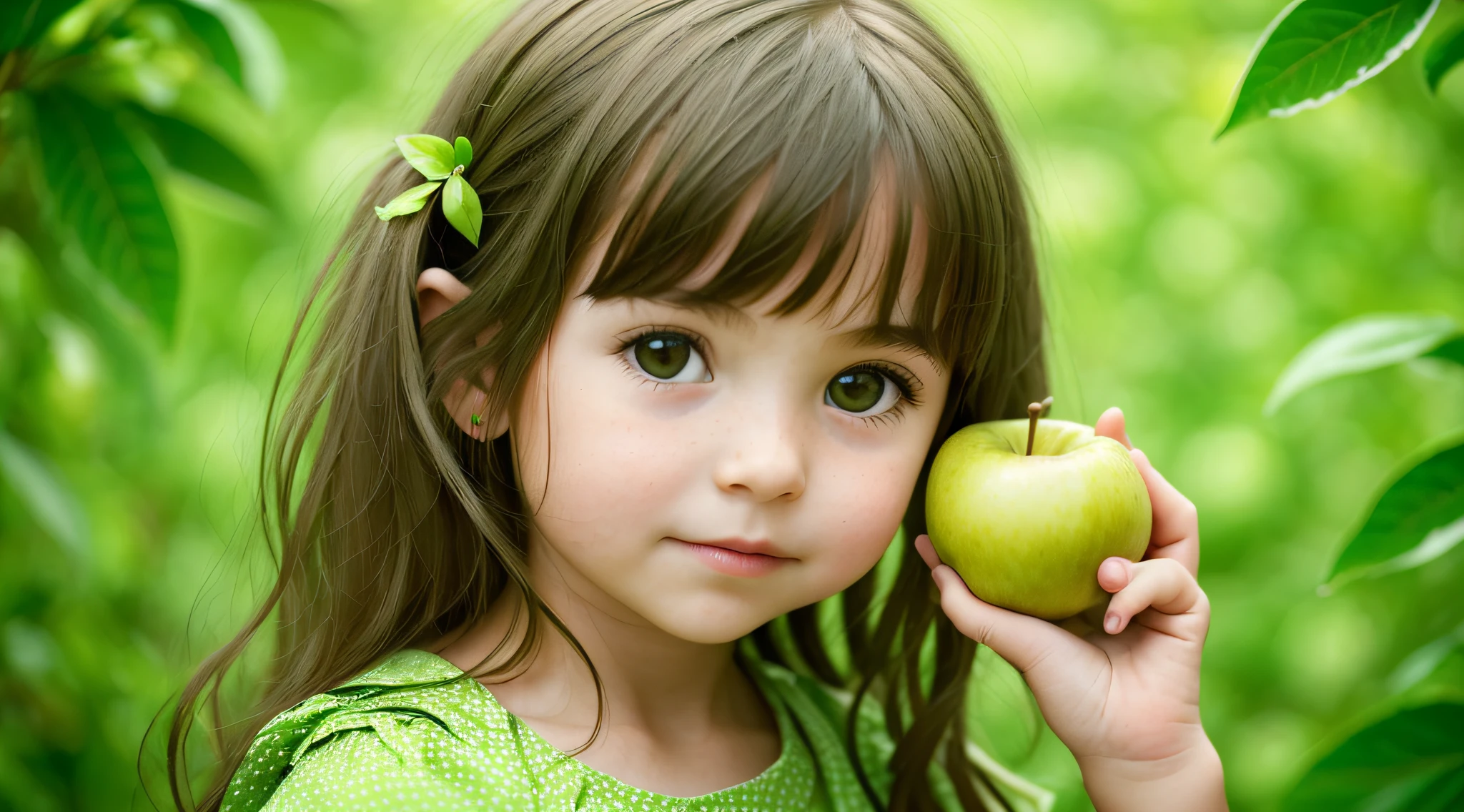 CHILD girl holding two green apples in front of her face, holding an apple, eating fruits a safe apple in hand, green apples, green slime, promo still,, 3 4 5 3 1, photoshoot --auto --s2