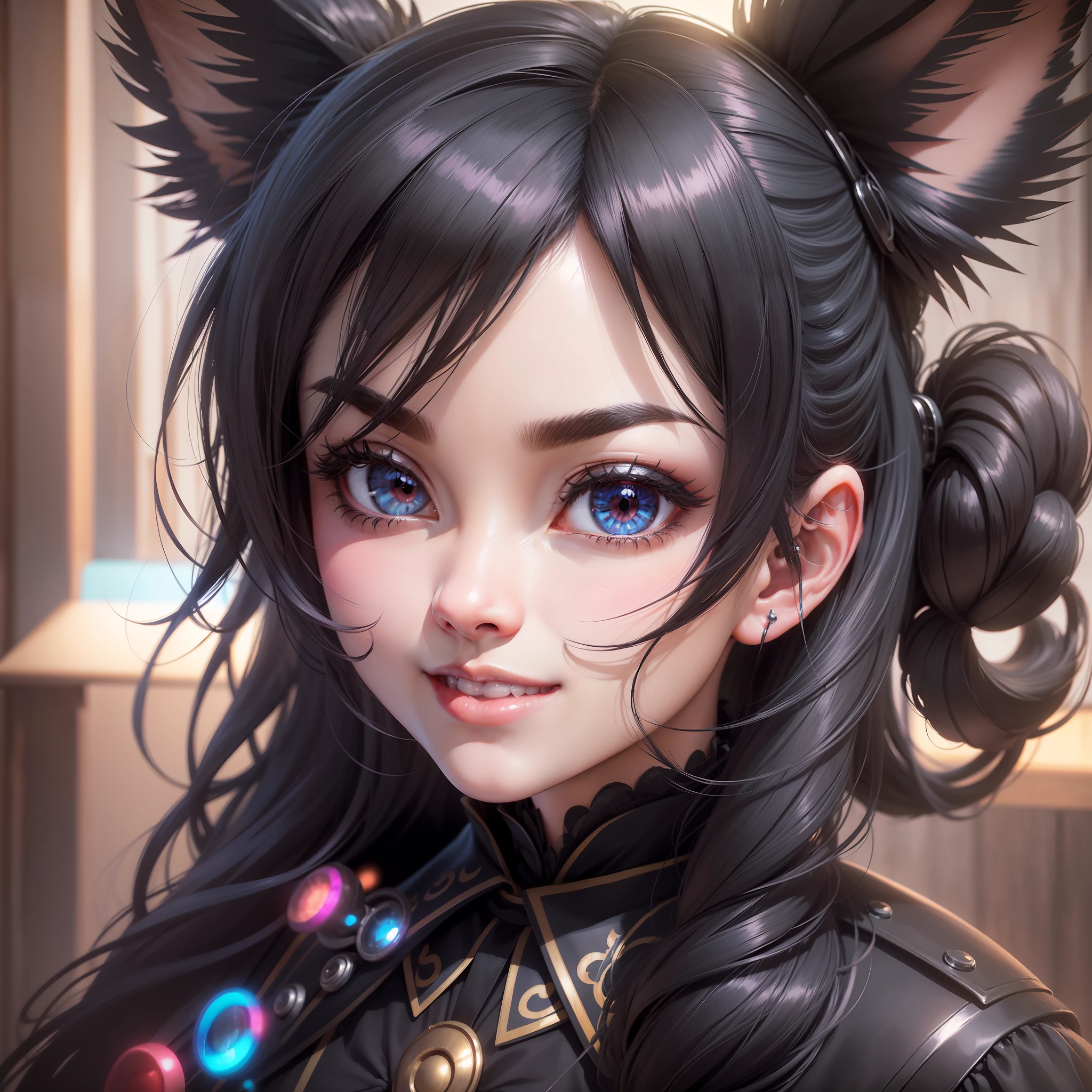 black hair, hair bobbles, wince, longeyelashes, solid circle eyes, fake animal ears, light smile, ear blush, fang, light smile, Surrealism, drop shadow, anaglyph, stereogram, tachi-e, pov, atmospheric perspective, Gothic art, 8k, super detail, ccurate, best quality