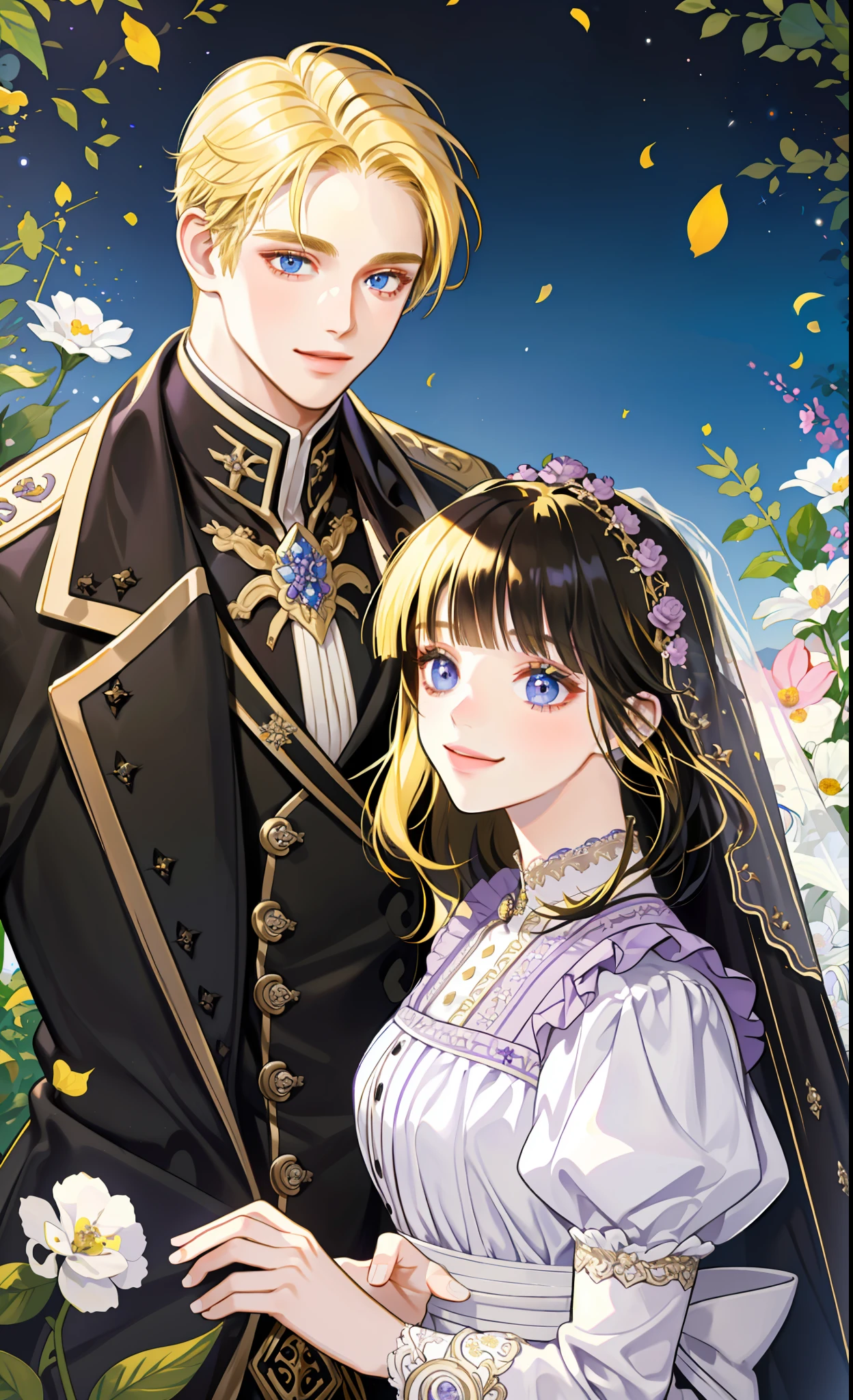 masterpiece, best quality, 2others, couple, 1man with 1woman, Height difference, happy, love, smile, flower-filled landscape, forehead, ((blonde hair man)), (((black hair girl))), ((blunt bangs girl)), purple eyes girl, blue eyes man, ((wedding couple))