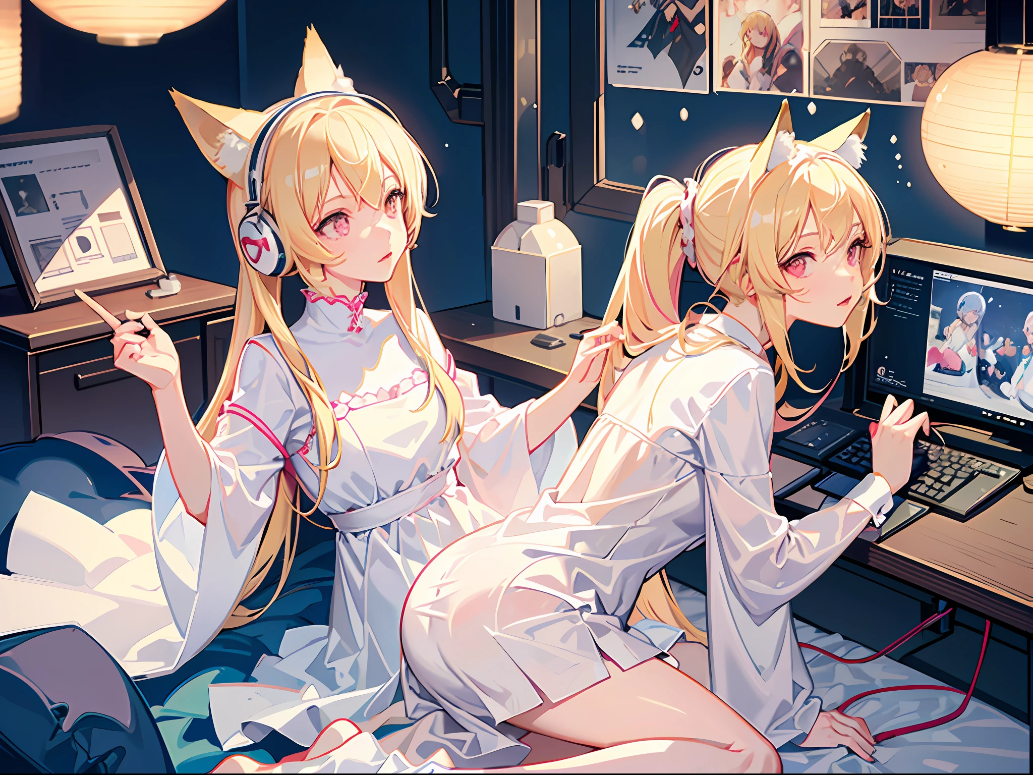 Best quality, masterpiece, super high resolution, (realism:1.4), a li, blonde hair, snow-white skin, premium lighting, fox ears, clear pink eyes, computer, playing games, bedroom with white dress, white silk, headphones and draped ponytail.