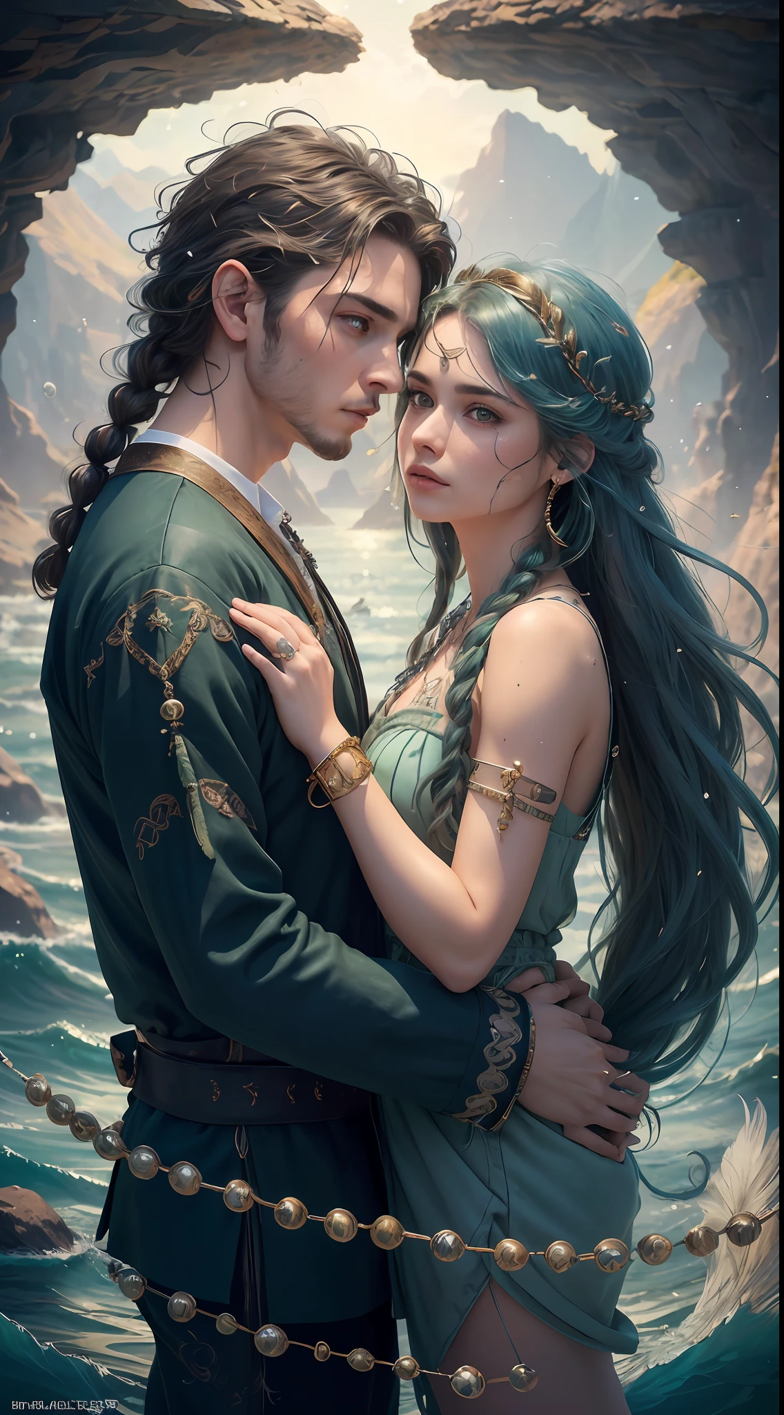 Couple (((male)), fashion shoot, (full portrait), (half), solo, detailed background, detailed face, (stonepunkAI, stone theme:1.1), wise, (beautiful hair, braid: 0.2), shaman, septum harsh, mysterious, (gorgeous face), stunning, head tilted up, (calm expression), calm, intimate interaction, sea bubble green worn clothes, rosary, Tribal ornaments, feathers in hair, headdress: 0.33, emerald, obsidian, detailed clothes, realistic skin texture, (floating particles, water swirls, embers, rituals, whirlwinds, wind: 1.2), clear focus, volumetric lighting, good highlights, good shadows, subsurface scattering, complex, highly detailed, ((film)), dramatic, (highest quality, award-winning, masterpiece: 1.5), (realism: 1.5),