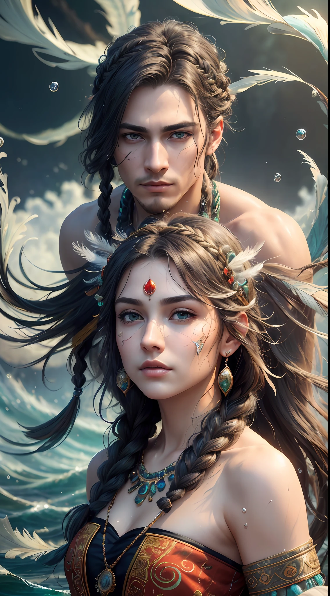 Couple (((male)), fashion shoot, (full portrait), (half), solo, detailed background, detailed face, (stonepunkAI, stone theme:1.1), wise, (beautiful hair, braid: 0.2), shaman, septum harsh, mysterious, (gorgeous face), stunning, head tilted up, (calm expression), calm, intimate interaction, sea bubble green worn clothes, rosary, Tribal ornaments, feathers in hair, headdress: 0.33, emerald, obsidian, detailed clothes, realistic skin texture, (floating particles, water swirls, embers, rituals, whirlwinds, wind: 1.2), clear focus, volumetric lighting, good highlights, good shadows, subsurface scattering, complex, highly detailed, ((film)), dramatic, (highest quality, award-winning, masterpiece: 1.5), (realism: 1.5),