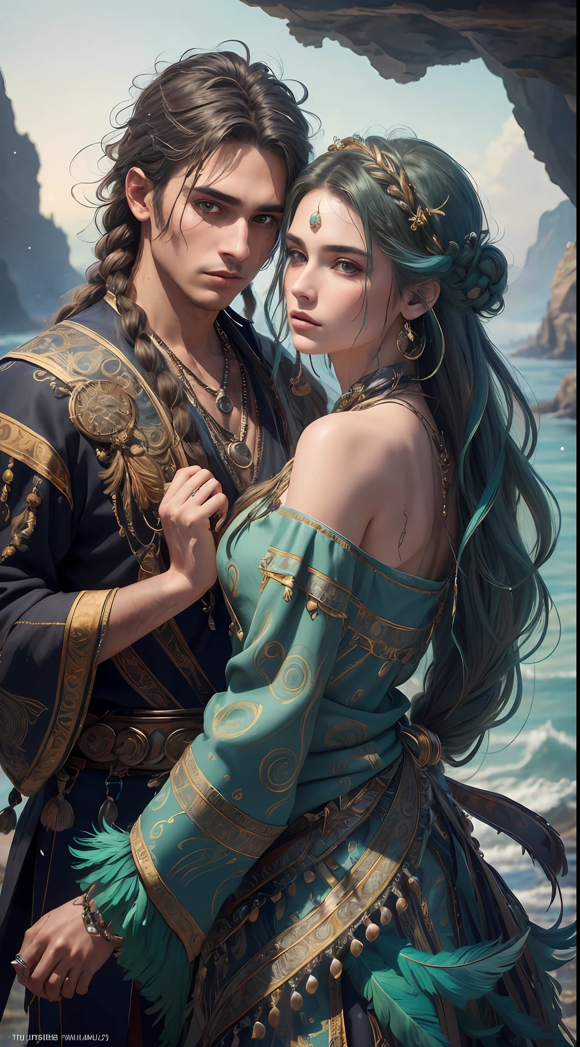 Couple (((male)), fashion shoot, (full portrait), (half), solo, detailed background, detailed face, (stonepunkAI, stone theme:1.1), wise, (beautiful hair, braid: 0.2), shaman, septum harsh, mysterious, (gorgeous face), stunning, head tilted up, (calm expression), calm, intimate interaction, sea bubble green worn clothes, rosary, Tribal ornaments, feathers in hair, headdress: 0.33, emerald, obsidian, detailed clothes, realistic skin texture, (floating particles, water swirls, embers, rituals, whirlwinds, wind: 1.2), clear focus, volumetric lighting, good highlights, good shadows, subsurface scattering, complex, highly detailed, ((film)), dramatic, (highest quality, award-winning, masterpiece: 1.5), (realism: 1.5),