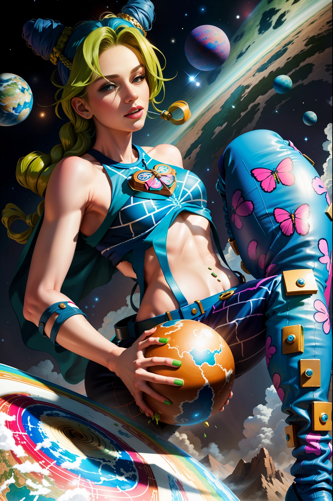 masterpiece, best quality, 1girl, solo, giant, giant, (((towering you)))), (full body), 1girl, jolynejojo, devouring a planet, digital art, masterpiece, green hair and blue, cropped, sleeveless, wearing pants, in outer space