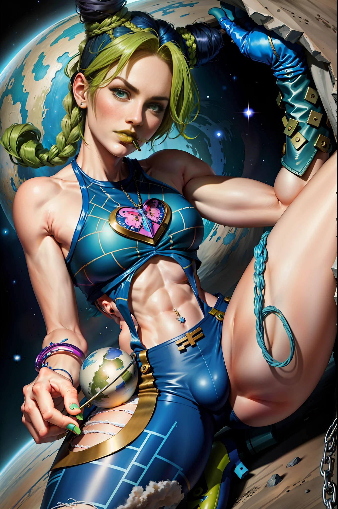 masterpiece, best quality, 1girl, solo, giant, giant, (((towering you)))), (full body), 1girl, jolynejojo, devouring a planet, digital art, masterpiece, green hair and blue, cropped, sleeveless, wearing pants, in outer space