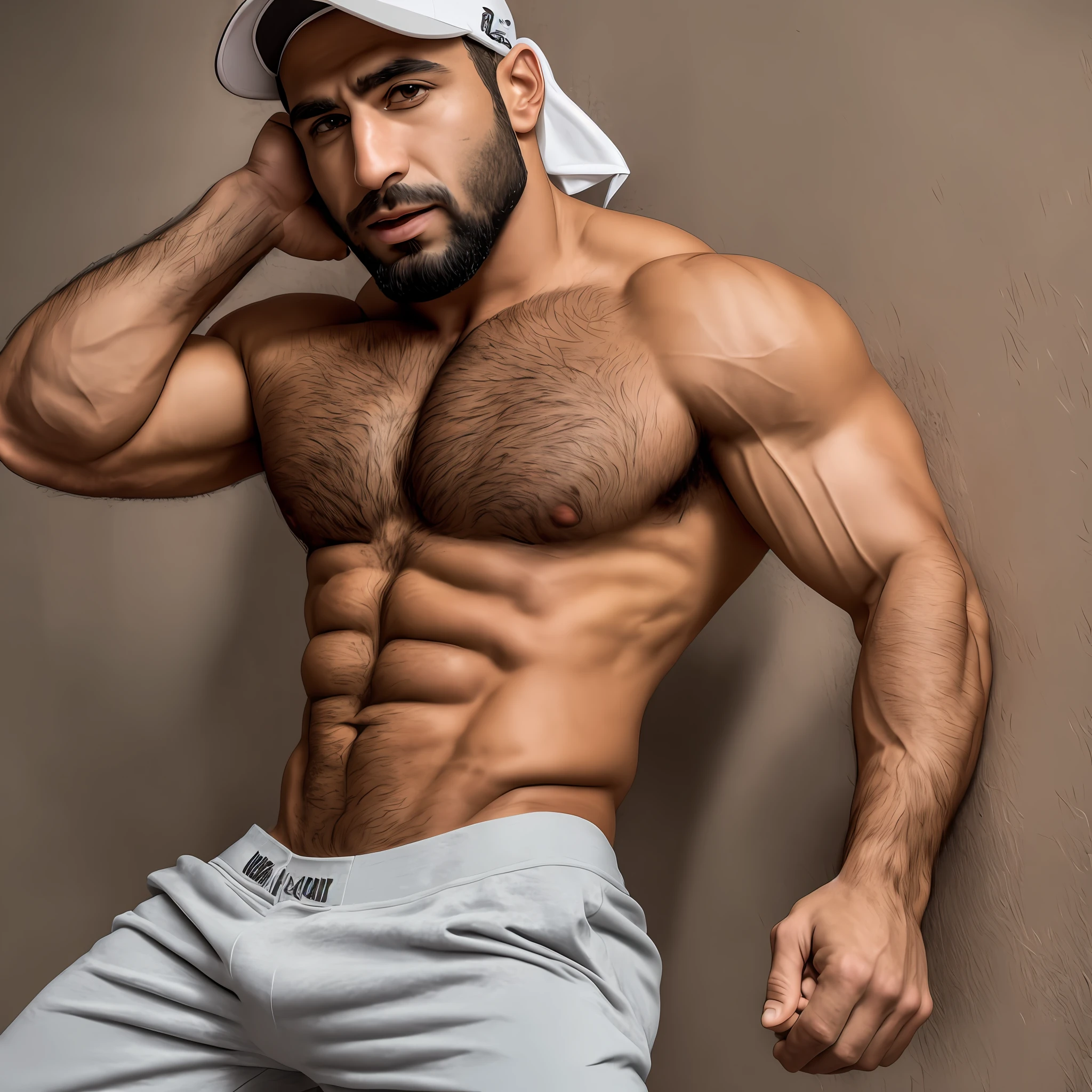 full body photo, (((masterpiece))), ultra-high resolution, portrait showcasing a shirtless 35 year old arab man in a baseball cap, emphasizing his masculine muscular physique and chiseled features with precision and stunning realism. lips pouting , armpit, masterpiece, best quality, high quality, highres, amazing lighting, detail enhancement, most beautiful image in the world, 8k resolution, awe inspiring, hd  , Hugh bulge in crotch, hairy armpits, chest hair --auto --s2