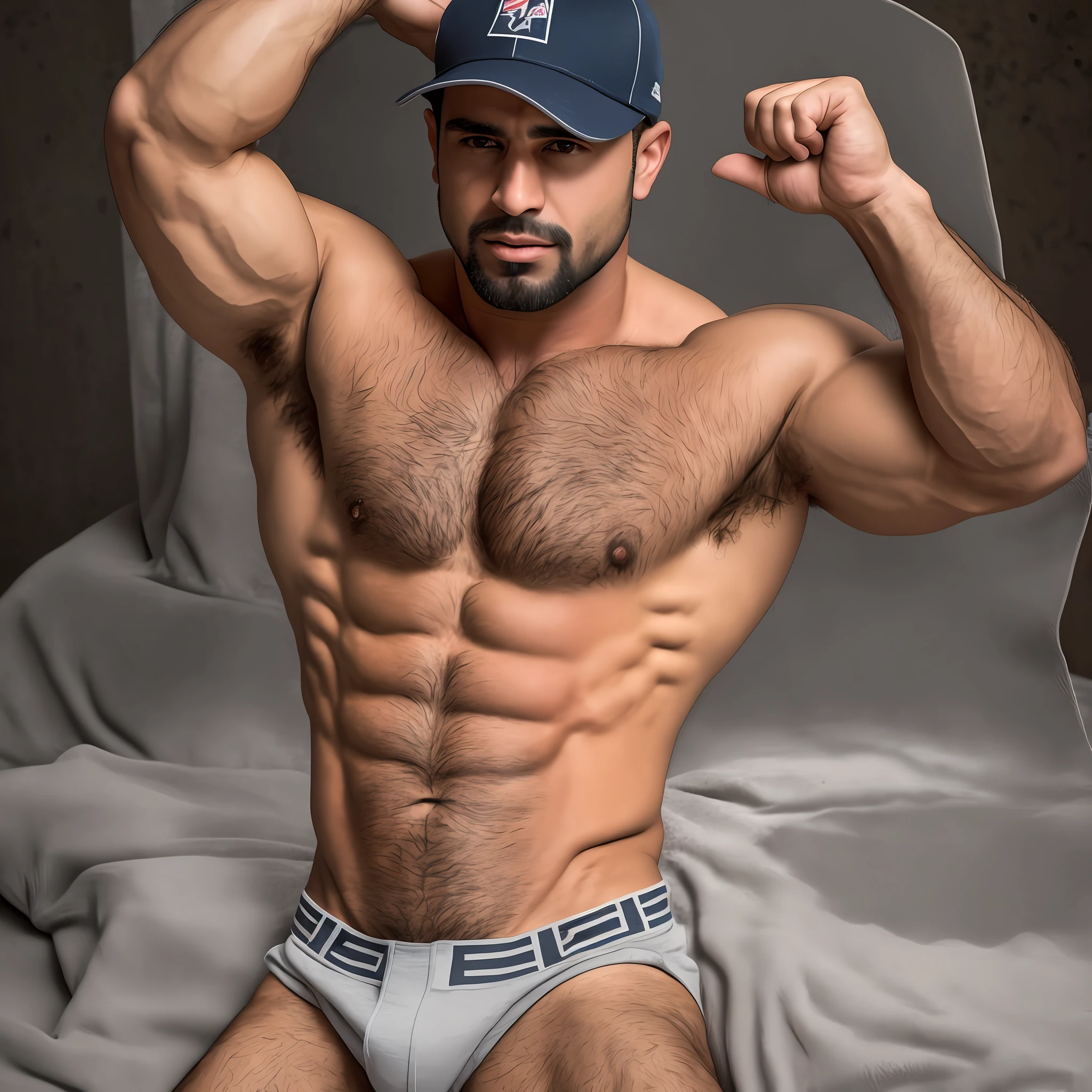 full body photo, (((masterpiece))), ultra-high resolution, portrait showcasing a shirtless 35 year old arab man in a baseball cap, emphasizing his masculine muscular physique and chiseled features with precision and stunning realism. lips pouting , armpit, masterpiece, best quality, high quality, highres, amazing lighting, detail enhancement, most beautiful image in the world, 8k resolution, awe inspiring, hd  , Hugh bulge in crotch, hairy armpits, chest hair --auto --s2