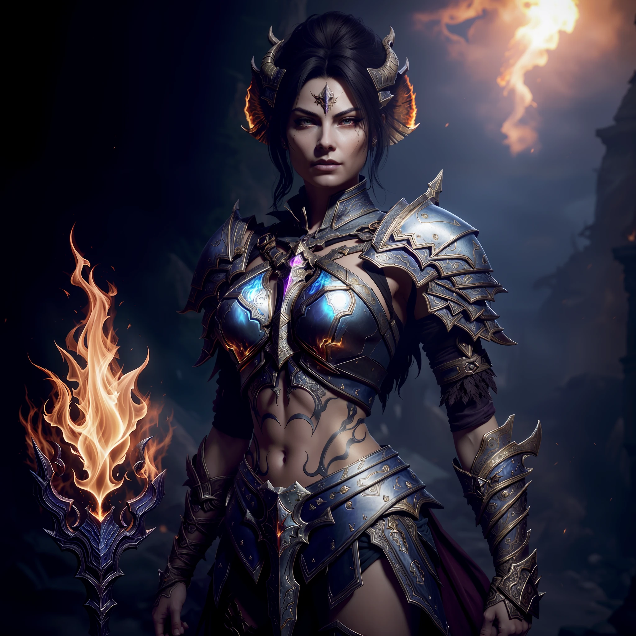 arafed woman in armor holding a flaming in her hand, diablo 4 lilith, 4k fantasy art, epic fantasy digital art style, fantasy art behance, fantasy woman, diablo 4 queen, epic fantasy character art, epic exquisite character art, epic fantasy art style hd, beautiful female warrior, stuning fantasy 3 d render, beautiful elegant demon queen