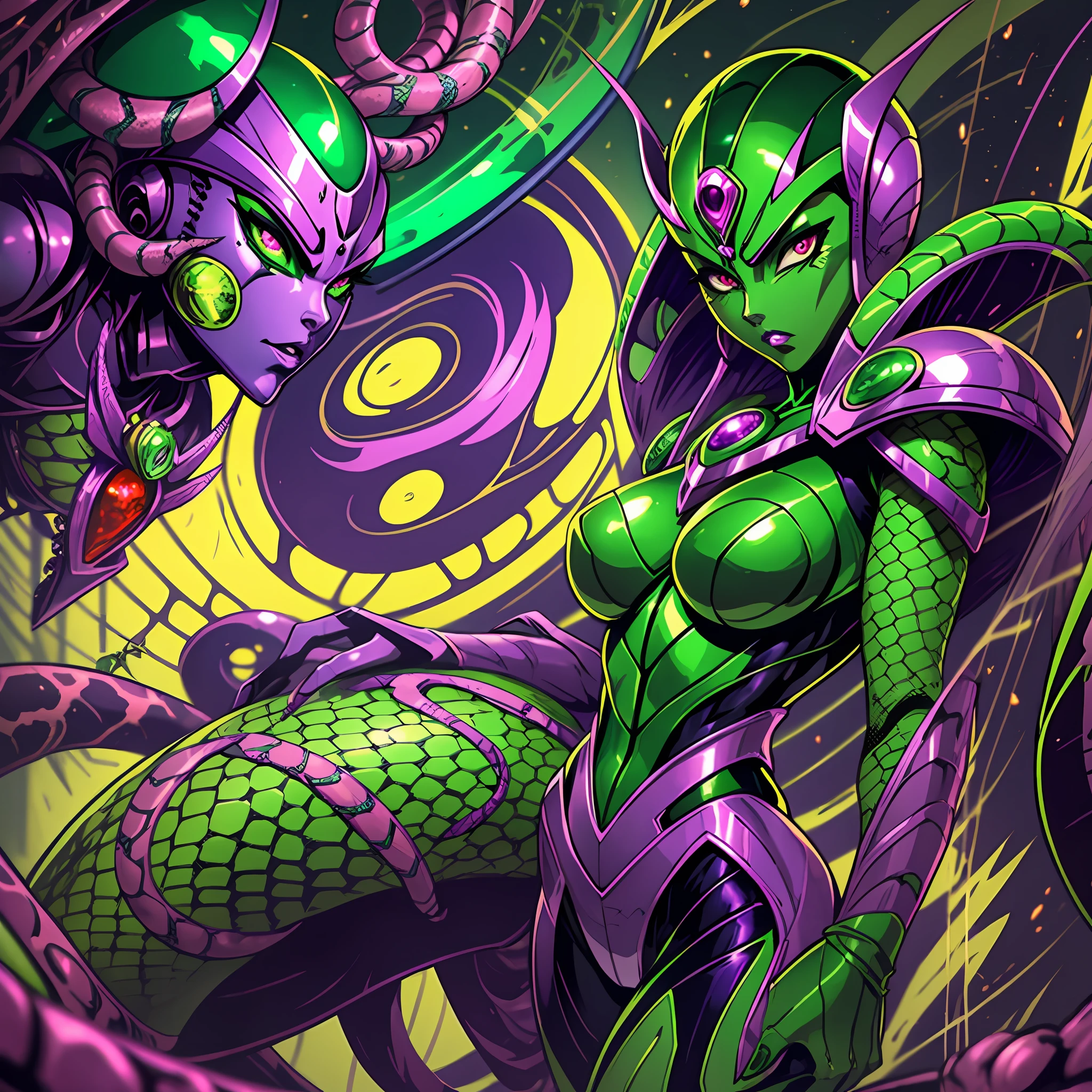 Cartoon photo of a woman in a green and purple costume, hot insect humanoid woman, Guyver style, NSFW version, red eye, scarab reploid, tentacles imitating a snake's tail, cel shade adult animation, alien queen, serpentine pose, --auto --s2