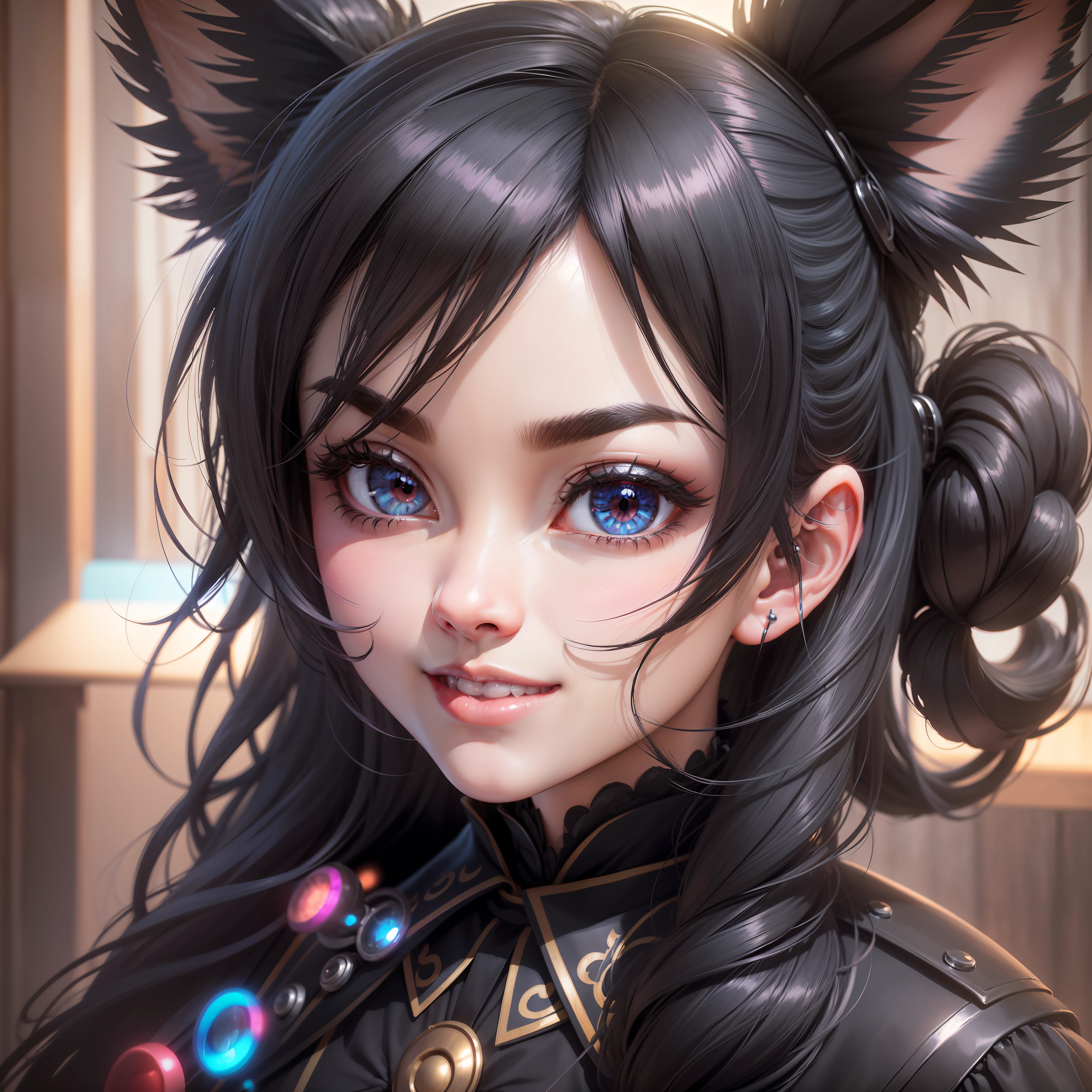 black hair, hair bobbles, wince, longeyelashes, solid circle eyes, fake animal ears, light smile, ear blush, fang, light smile, Surrealism, drop shadow, anaglyph, stereogram, tachi-e, pov, atmospheric perspective, Gothic art, 8k, super detail, ccurate, best quality