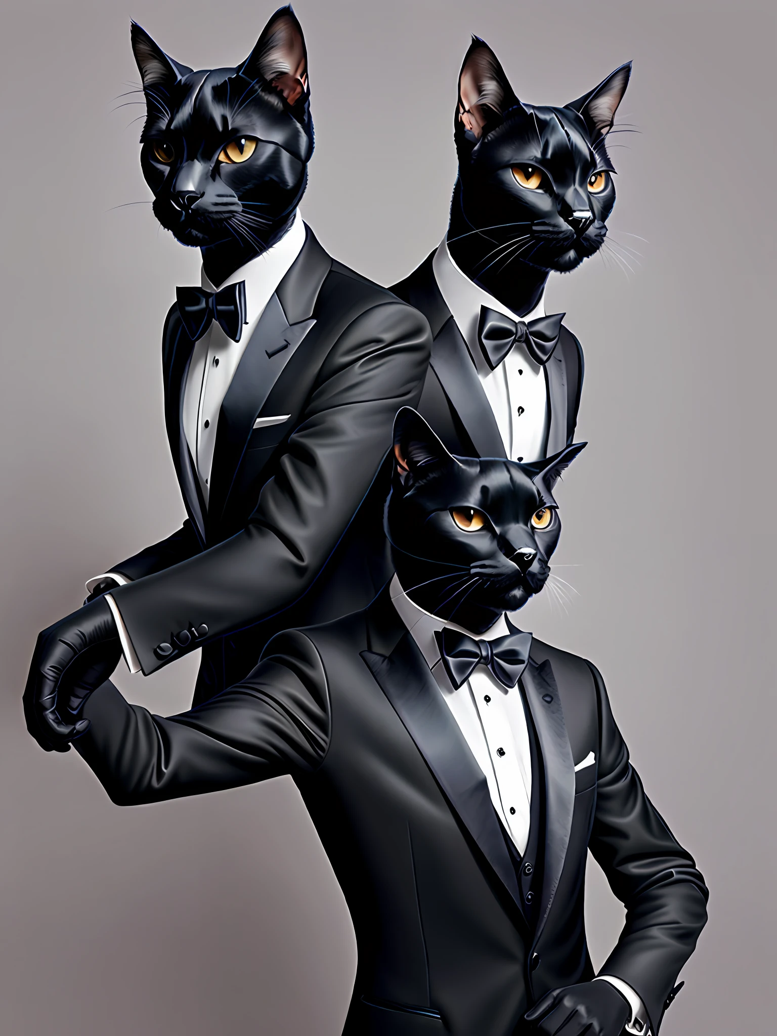 Araffe dressed in a suit and tie in an office, elegant cat, dark suit, elegant dark, wearing a noble black suit, anthropomorphic cat, epic and elegant portrait, the dark god of cats, tuxedo, black tie, portrait anthro masterpiece, stunning digital illustration, formal black suit. Detailed black cat