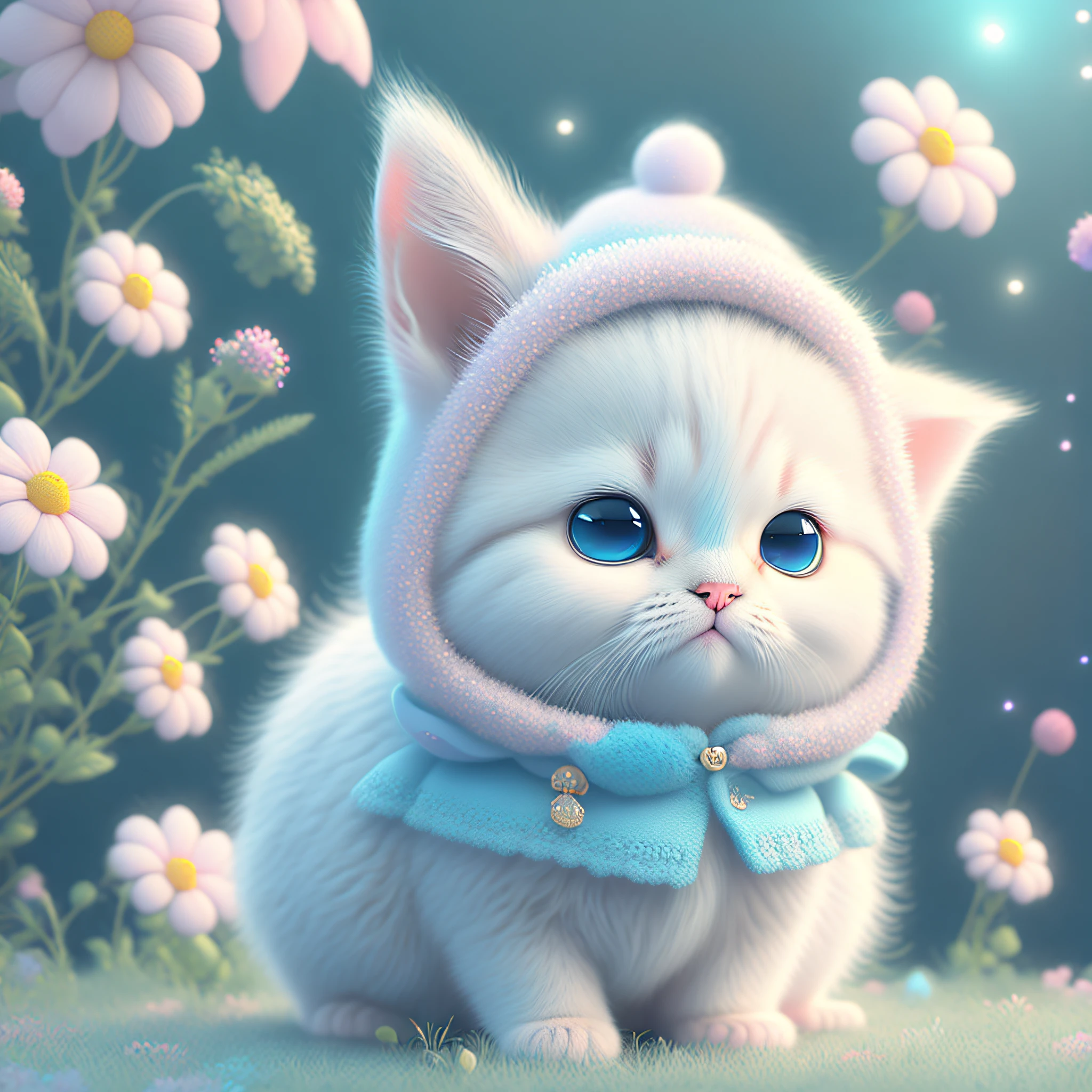 In this ultra-detailed CG art, the adorable kitten surrounded by floral flower, Pastel and neon colors, best quality, high resolution, intricate details, fantasy, cute animals