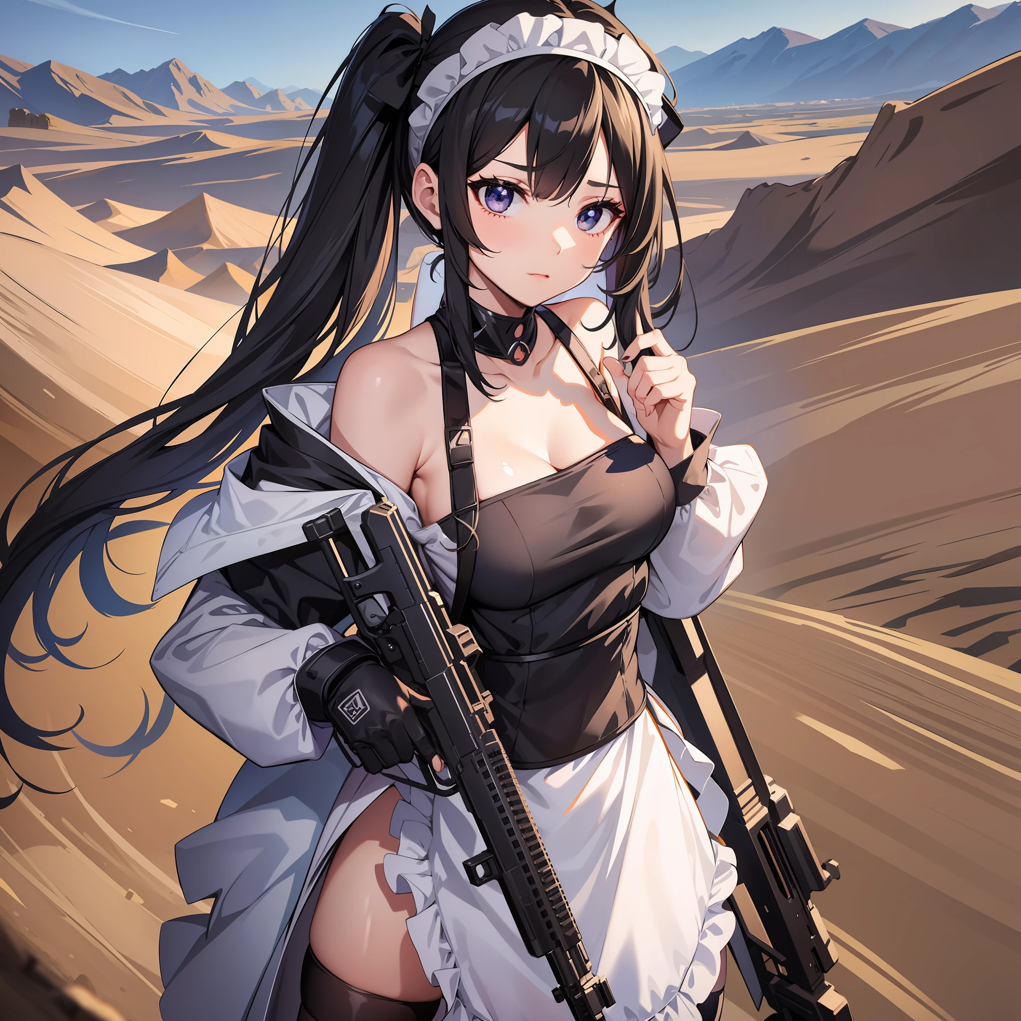 Adult female, Holding a long white sniper weapon, wear maid dress off shoulder, stocking, perfect face, beautiful eyes, black long Hair in two pigtails, Standing in the middle of the desert, Night, Wearing a headband, black eyes, variation angle