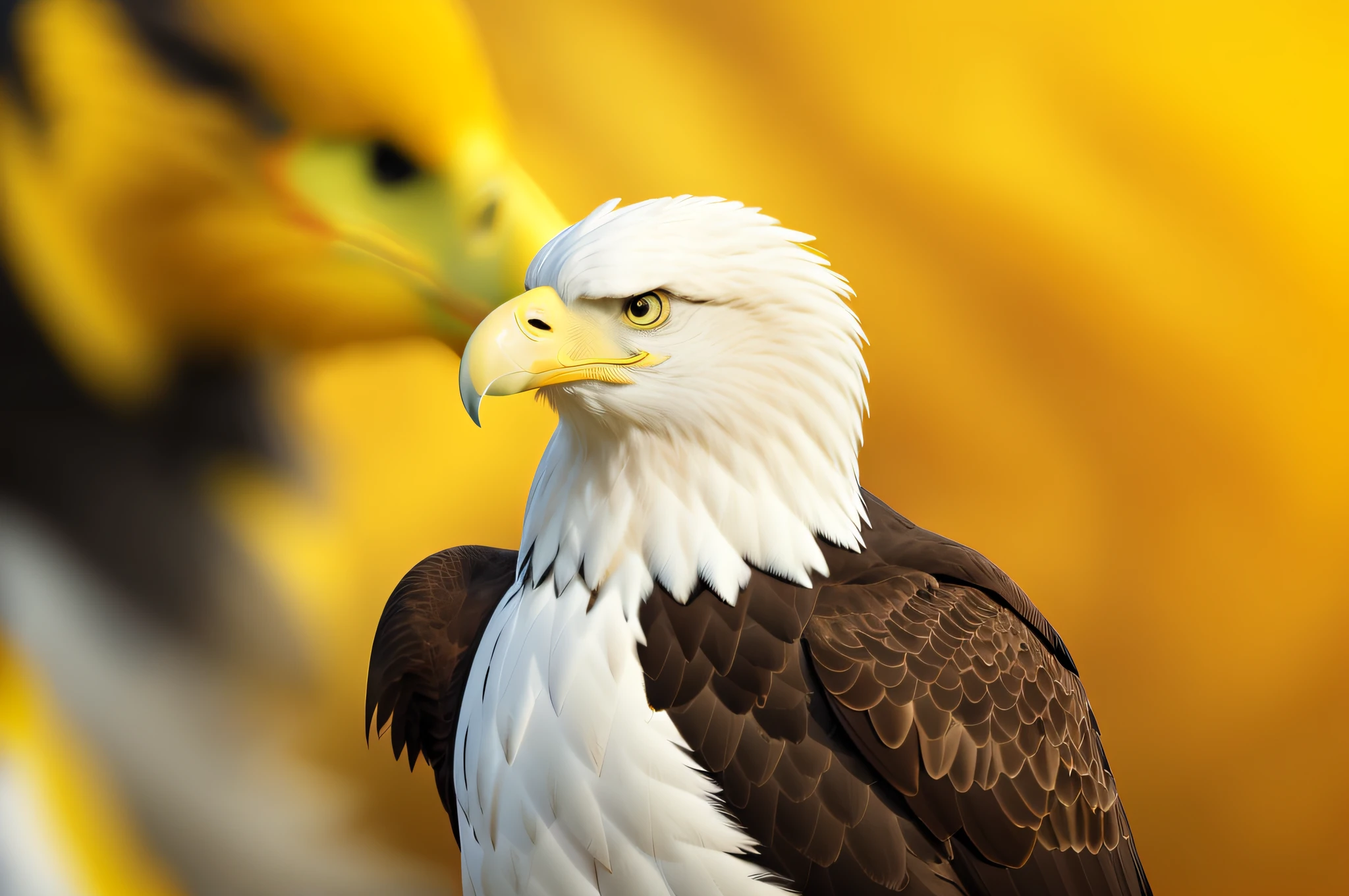 araffe eagle with a yellow beak and white head and black body, an eagle, bald eagle, with the beak of an eagle, eagle head, head of an eagle, beak of an eagle, eagle, eagle beak, closeup portrait shot, portrait shot, proud look, second eagle head, closeup portrait, eagles, prideful look, proud looking away