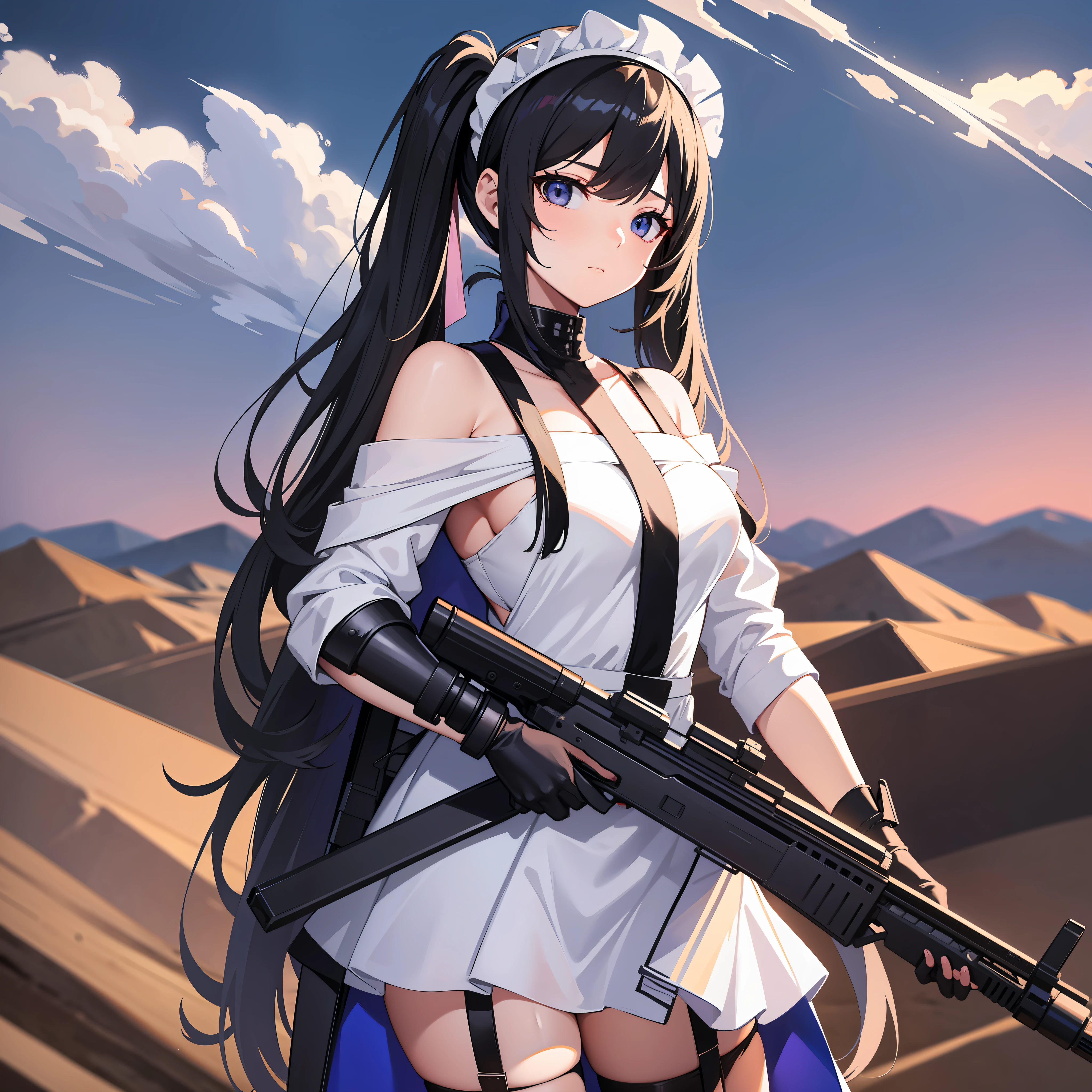 Adult female, Holding a long white sniper weapon, wear maid dress off shoulder, stocking, perfect face, beautiful eyes, black long Hair in two pigtails, Standing in the middle of the desert, Night, Wearing a headband, black eyes, variation angle