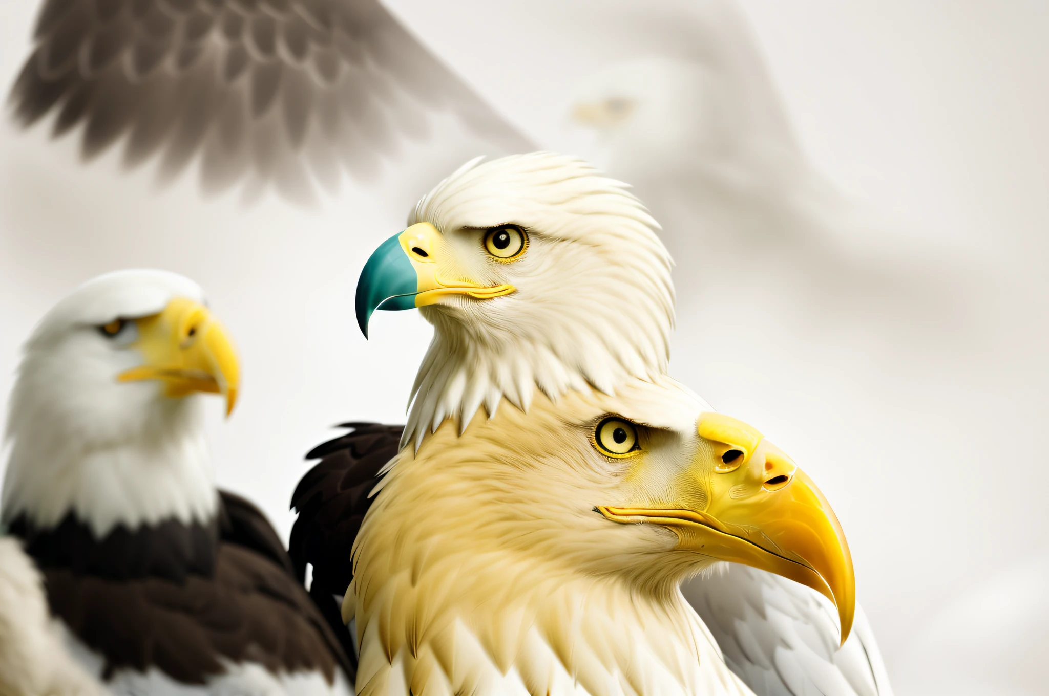 araffe eagle with a yellow beak and white head and black body, an eagle, bald eagle, with the beak of an eagle, eagle head, head of an eagle, beak of an eagle, eagle, eagle beak, closeup portrait shot, portrait shot, proud look, second eagle head, closeup portrait, eagles, prideful look, proud looking away