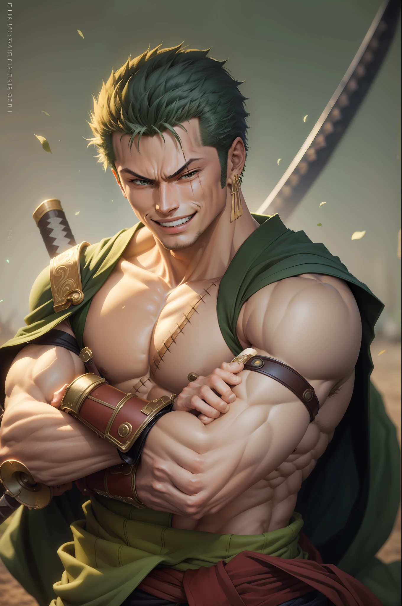 (masterpiece, best quality:1.2), cowboy shot, solo, male focus, 1boy, roronoa zoro, scar, muscular male, grin, looking at viewer, (dual wielding:1.2) katanas, crossed arms, japanese clothes, green kimono