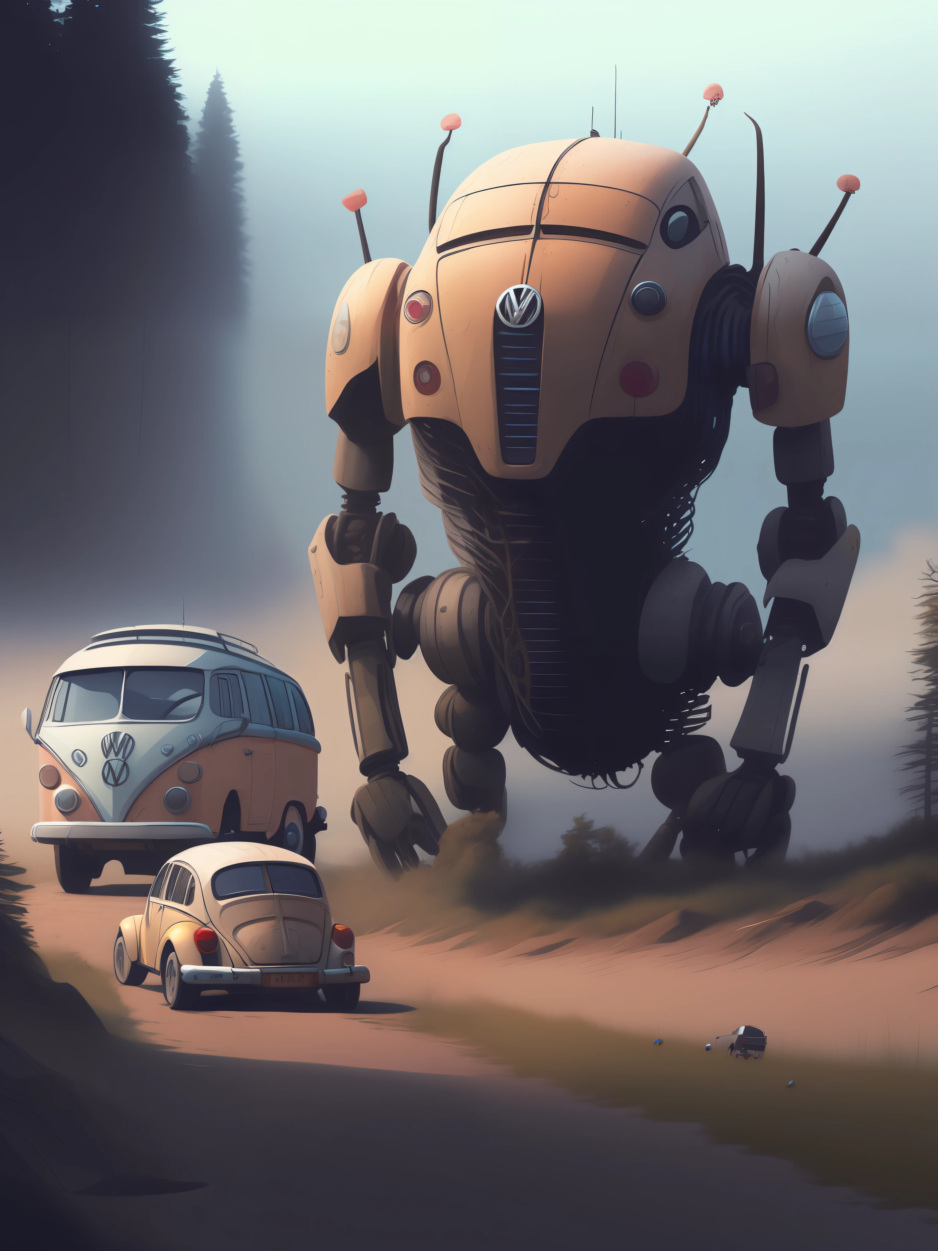 a Volkswagen Beetle driving down a dirt road, opposite the dirt road a kombi, next to a giant robot by Simon Stlenhag