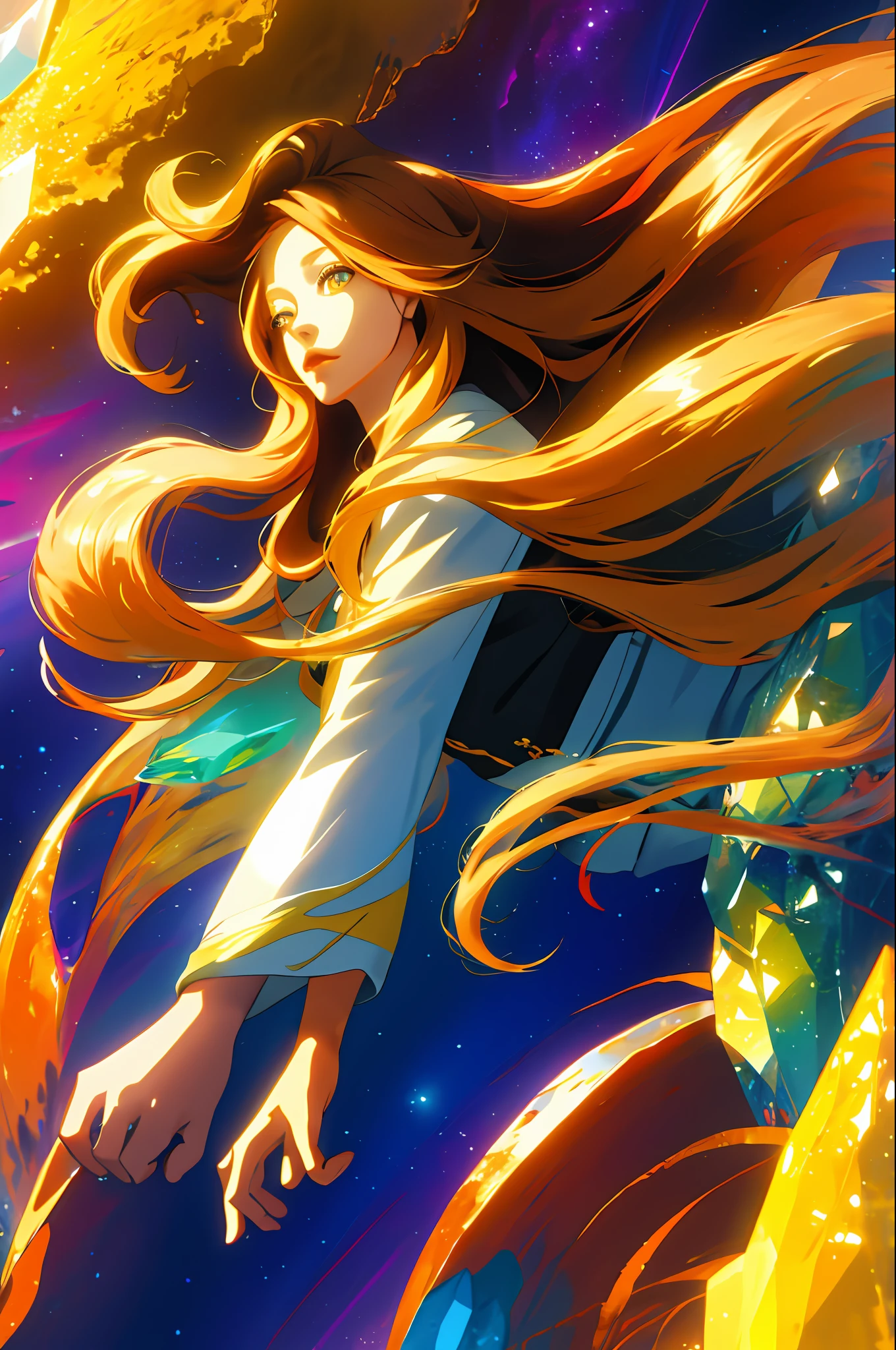 1woman .colorful eyes, yellow wavy long hair, crystal canyon background, looking at viewer,extremely detailed CG unity 8k wallpaper