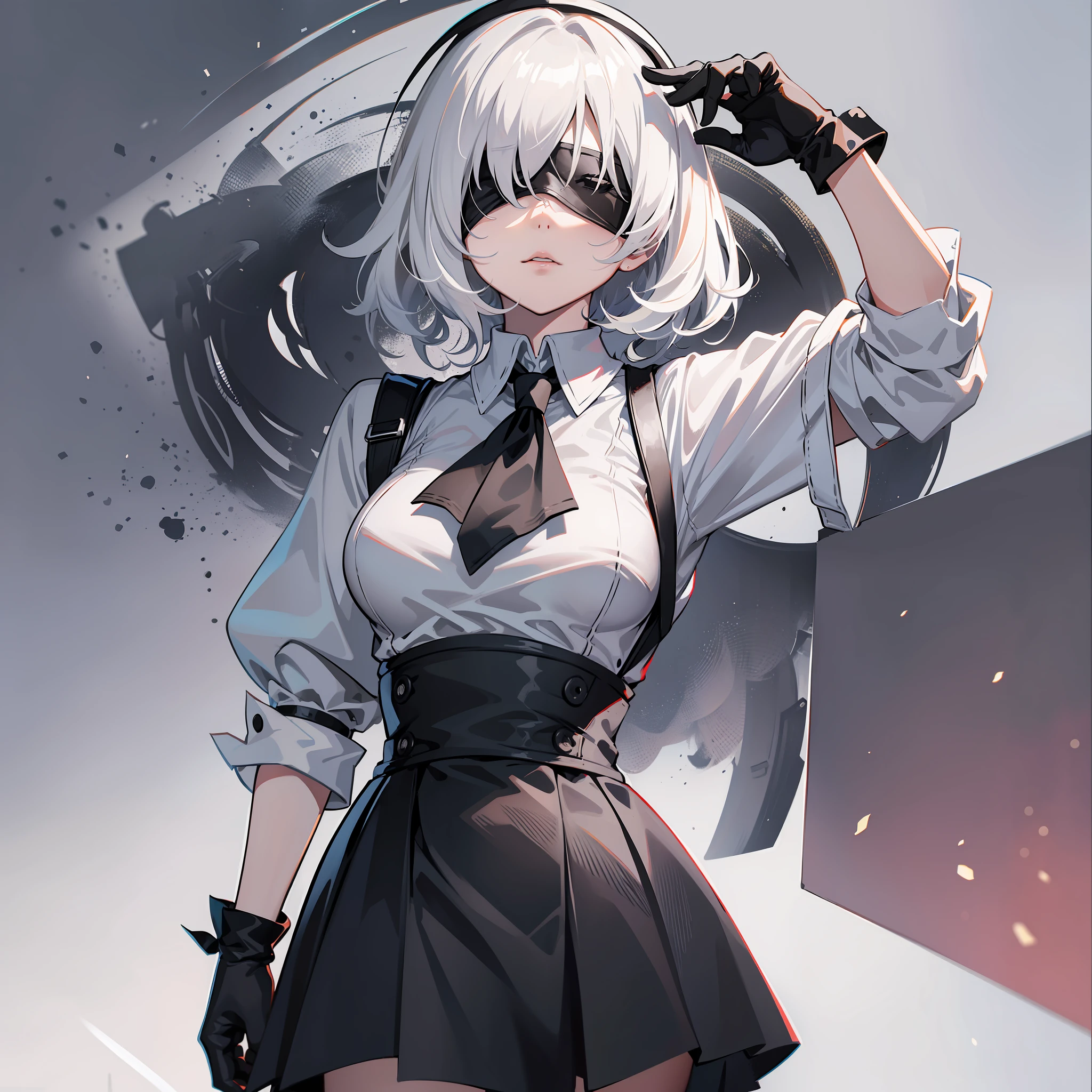masterpiece, best quality, solo, (yorha no. 2 type b:1.14), (covered eyes:1.05), (portrait:1.1), (upper body:1.1), medium breasts, expressionless, 1girl, solo, (ruffling hair, messy hair:1.1), medium hair, white hair, makima \(chainsaw man\), best quality, ultra detailed, 1girl, solo, standing, medium hair, blunt bangs does not look at the viewer, blindfolded, white shirt, tie, long black skirt, black gloves