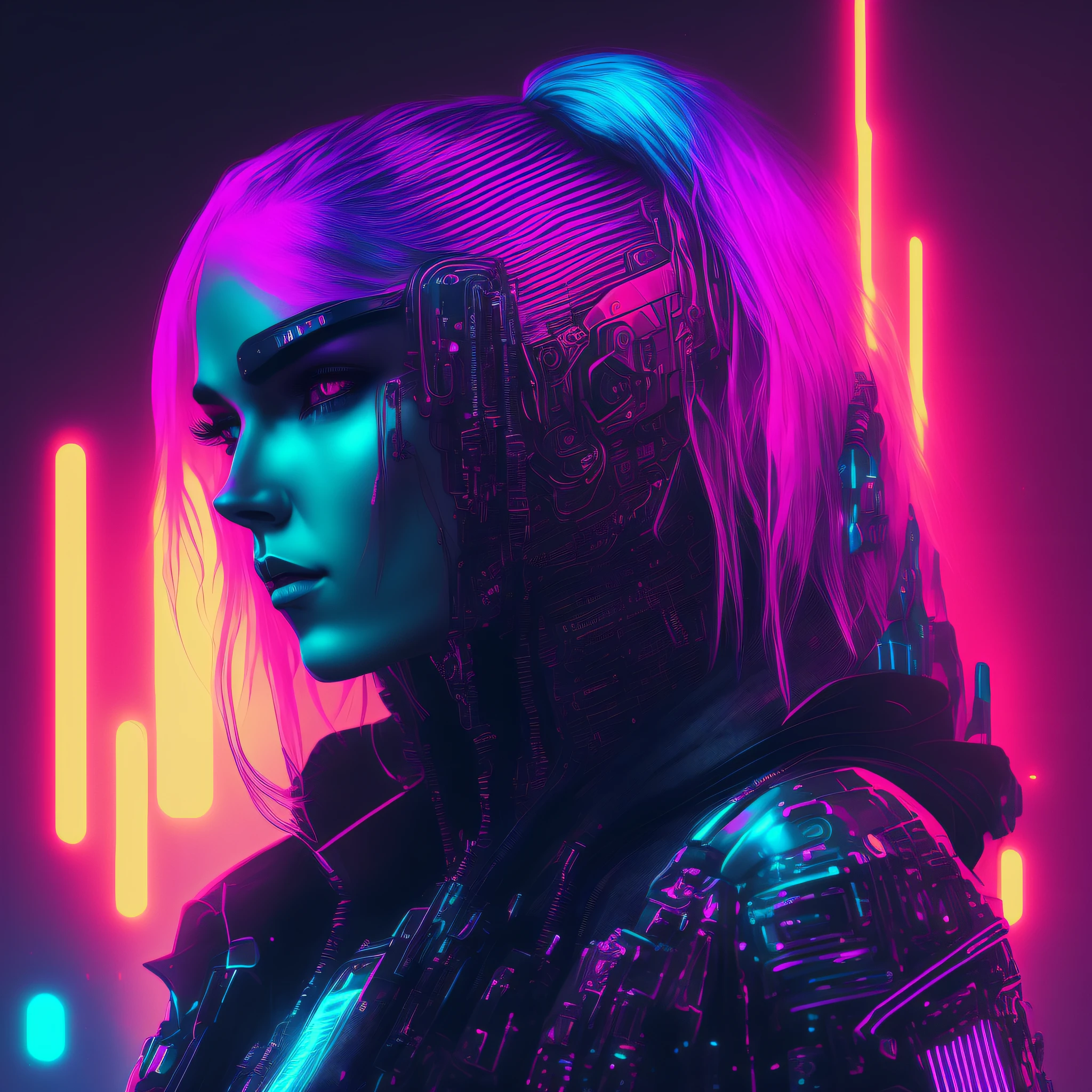 woman, cyberpunk style portrait, futuristic (neon: 1.1) reflective wear, science fiction. artgern, art, illustration, ((dark environment)), ((vegnette)), ((HDR)) ((minimal palette colors)), soft tones, soft colors, faint colors, calm, highly detailed pastel colors, intricate details